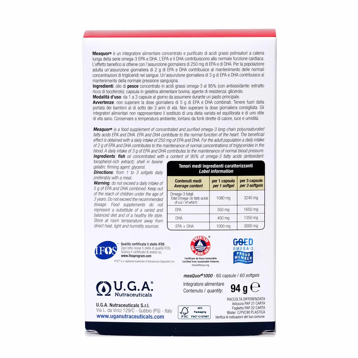 Omega 3 1000mg IFOS 5 Stelle Certificato - Olio di Pesce Privo di Metalli Pesanti, Senza Retrogusto