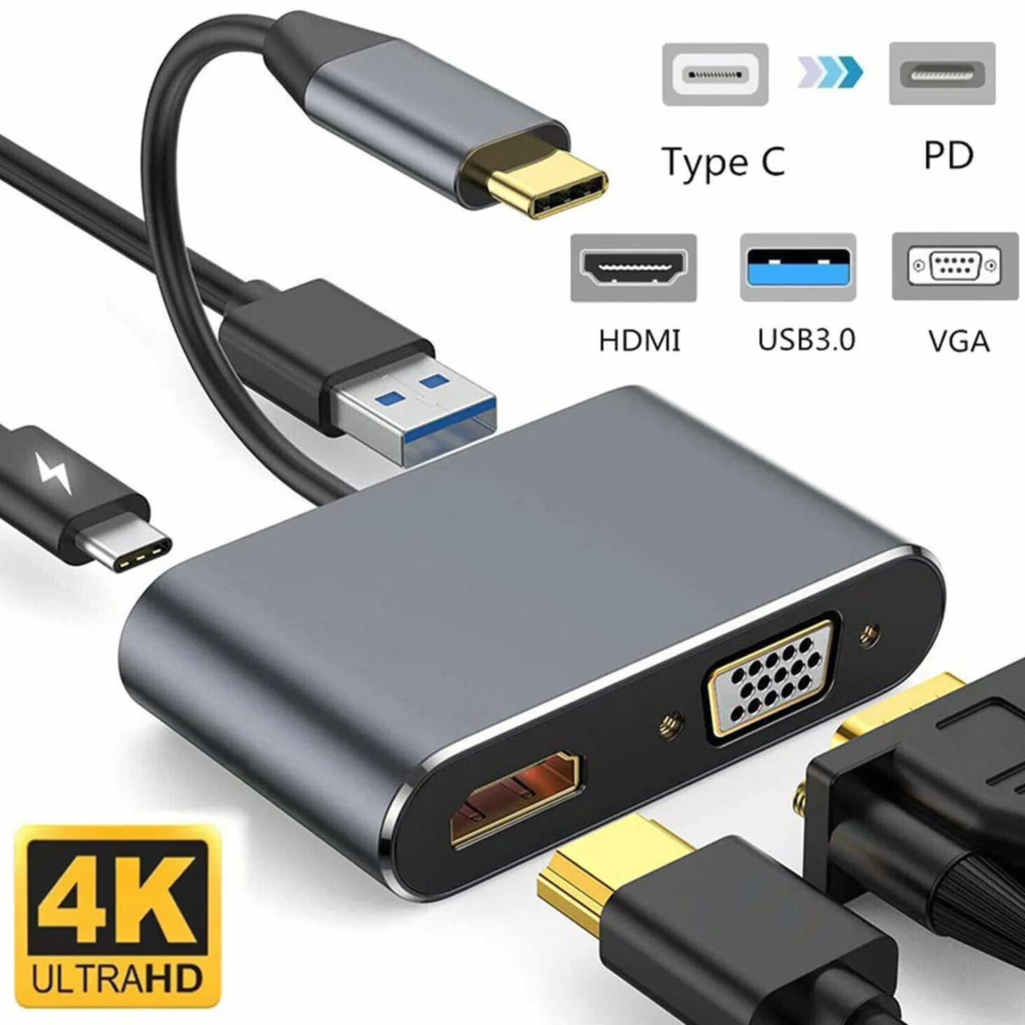 Adattatore multiporta da USB C a HDMI VGA, USB tipo C 4 in 1 Hub a HDMI 4 K, VGA, USB3.0, PD, compatibile con MacBook Pro, MacBook Air, iPad Pro, Pixelbook, XPS ecc