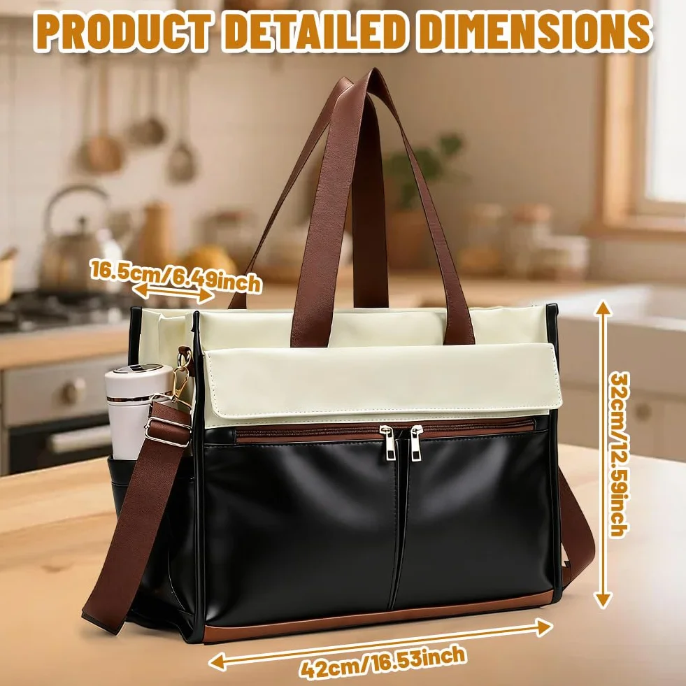 Newou - Borsa per il pranzo da donna, 15,6 pollici, con scomparto per il pranzo isolato, 2 in 1, con scomparto frigorifero, impermeabile, per ufficio, scuola, insegnante, regalo (bianco e nero