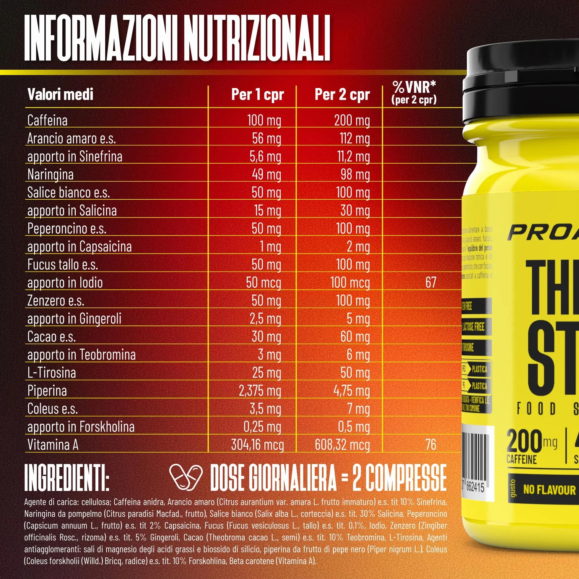 ProAction Thermo Stack Integratore Alimentare Compresse Caffeina L-Tirosina Estratti Vegetali 45 Porzioni 90 cpr