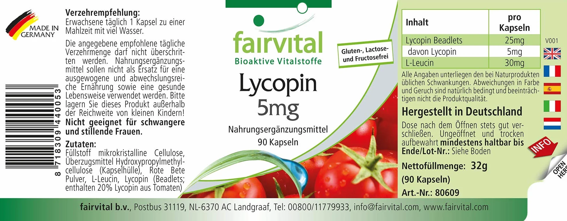 Fairvital Capsule di Licopene 5 mg, 90 Capsule, Alto Dosaggio, Vegane, da Estratto di Pomodoro