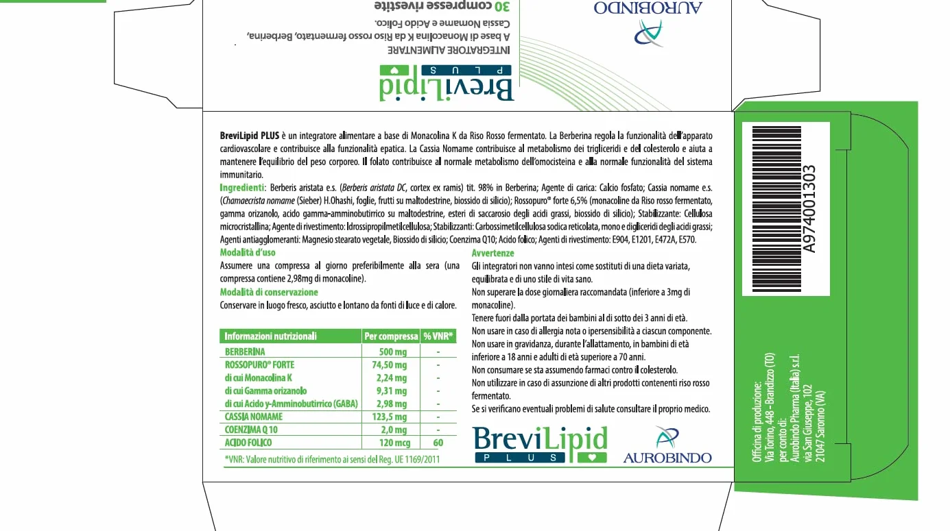 Brevilipid plus 30 compresse - Riso rosso fermentato, Berberina, Coenzima Q10, Astaxantina, Acido Folico