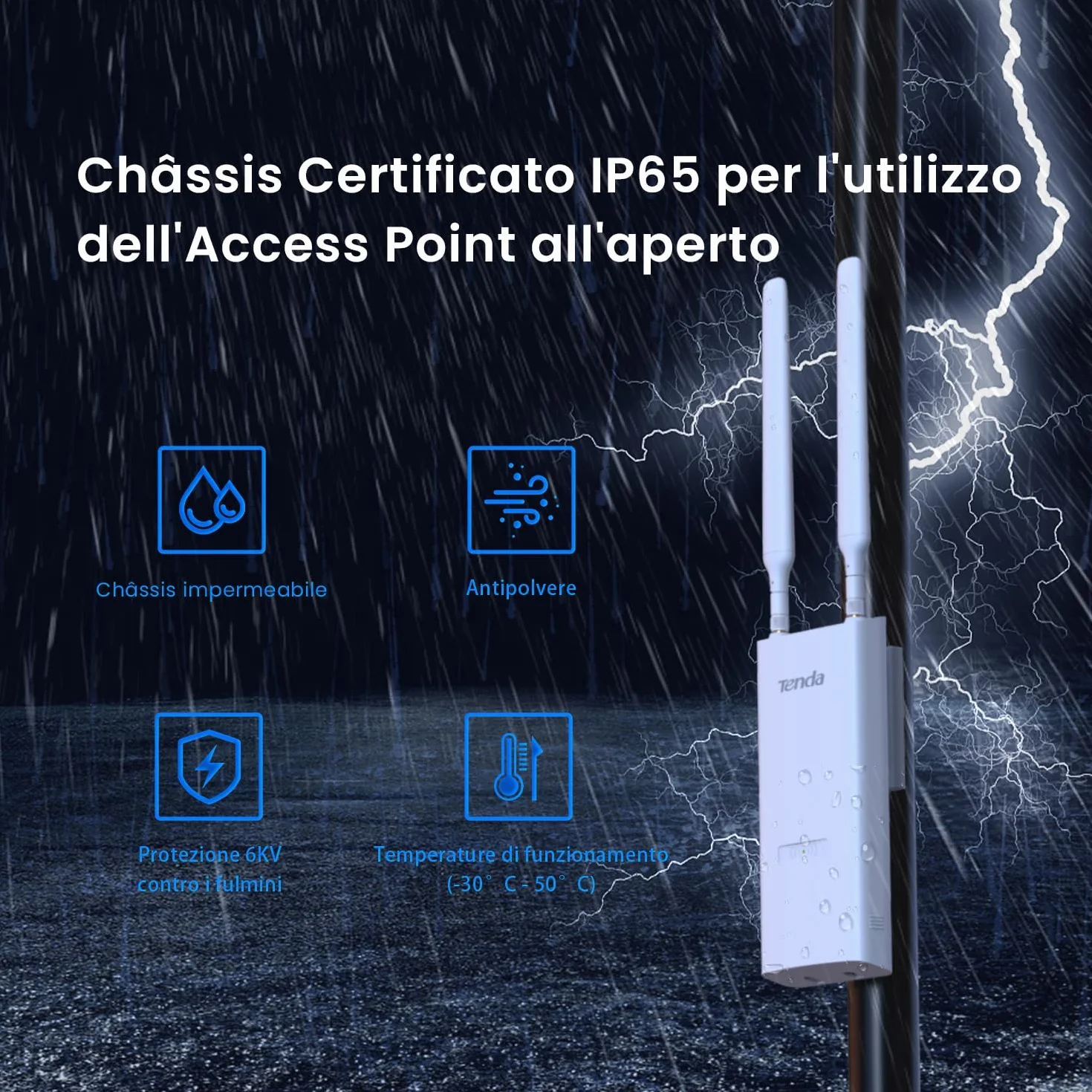 Tenda OAP1200 Access Point Esterno AC1200 Doppia Banda, Indoor/Outdoor Access Point 1200Mbps, IP65, MU-MIMO, OFDMA, Roaming Senza Interruzioni, Fino a 256 Dispositivi, PoE 802.3af & Passive PoE