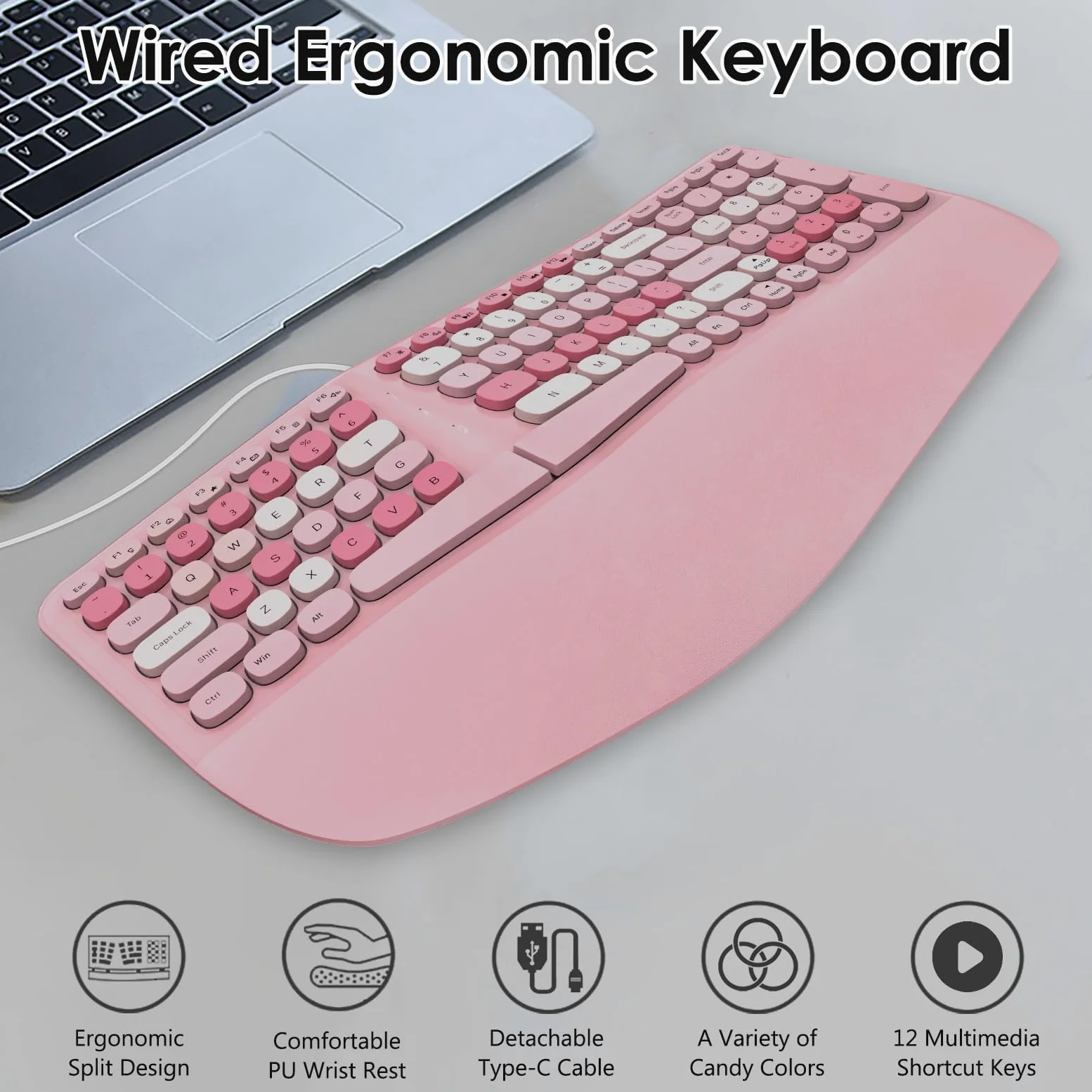 Lomiluskr Tastiera ergonomica cablata con poggiapolsi in PU, tastiera per tunnel carpale, design colorato con split ergo, comoda digitazione naturale, compatibile con PC/laptop (rosa)