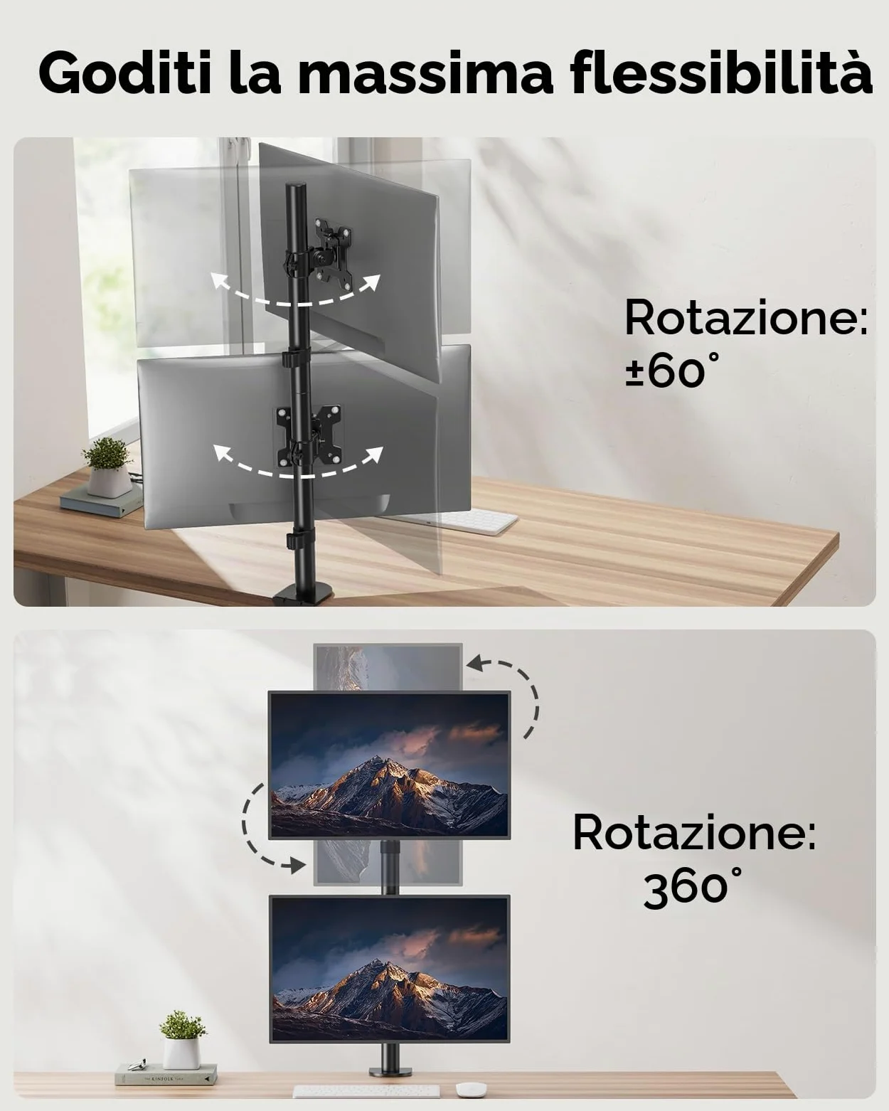 HUANUO Supporto verticale per doppio monitor, supporto per monitor impilato per 2 monitor con regolazione dell'altezza Braccio per monitor del computer supporta due da 17 a 32 pollici con morsetto a