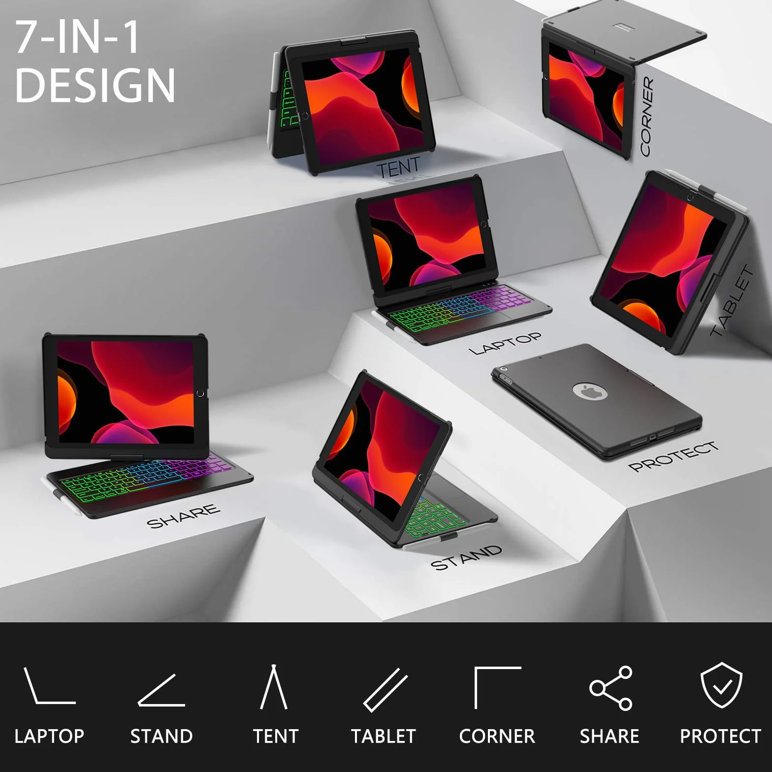 SZO Tastiera per iPad 9 Generazione 10.2 Custodia, Cover per iPad 9a/8a/7a Generazione, 360°Touchpad Flip Cover Rigida Custodia, Tastiera Bluetooth Wireless 7 Retroilluminazione, Auto Sleep/Wake, Nero