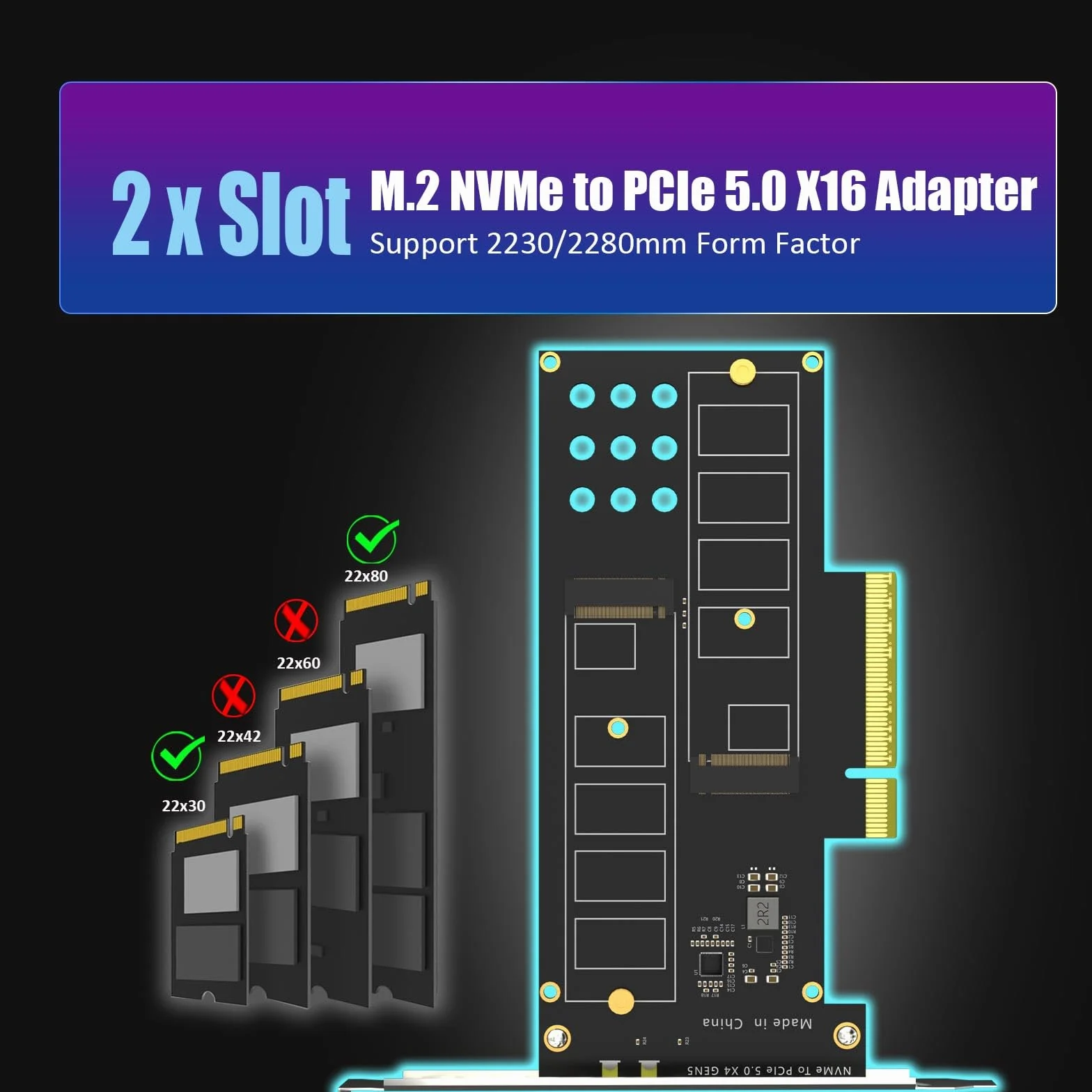 GLOTRENDS PA52L Dual Adattatore M.2 NVMe a PCIe 5.0 X8 senza biforcazione PCIe, Configurazione Soft M.2 NVMe RAID tramite strumento OS