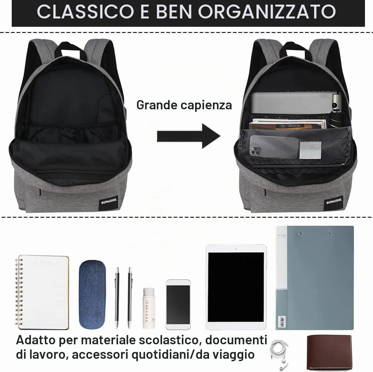 SUPACOOL Zaino leggero e casual con porta di ricarica USB per uomini e donne, borsa per libri di scuola per college, Big Size, laptop(Light Grey)