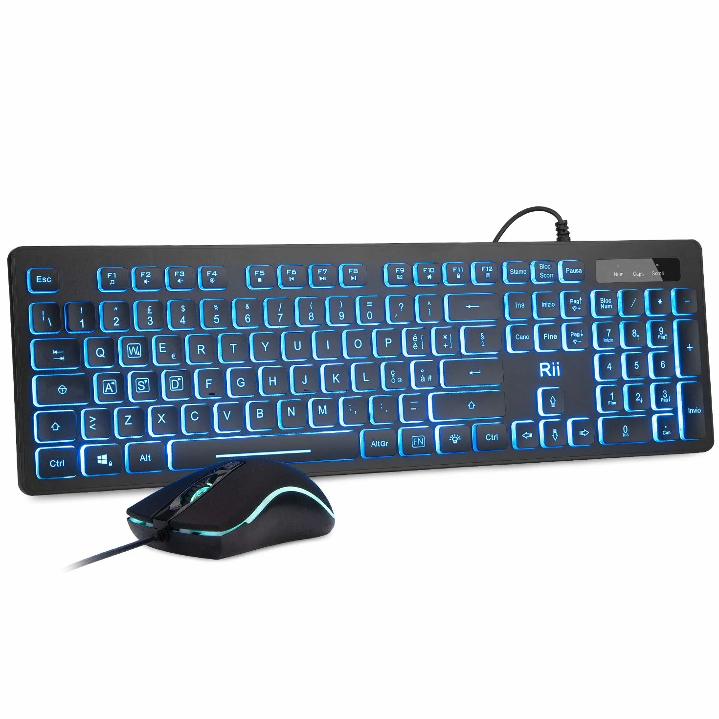 Rii RK105 - Set tastiere e mouse retroilluminati a LED, design elegante e minimalista