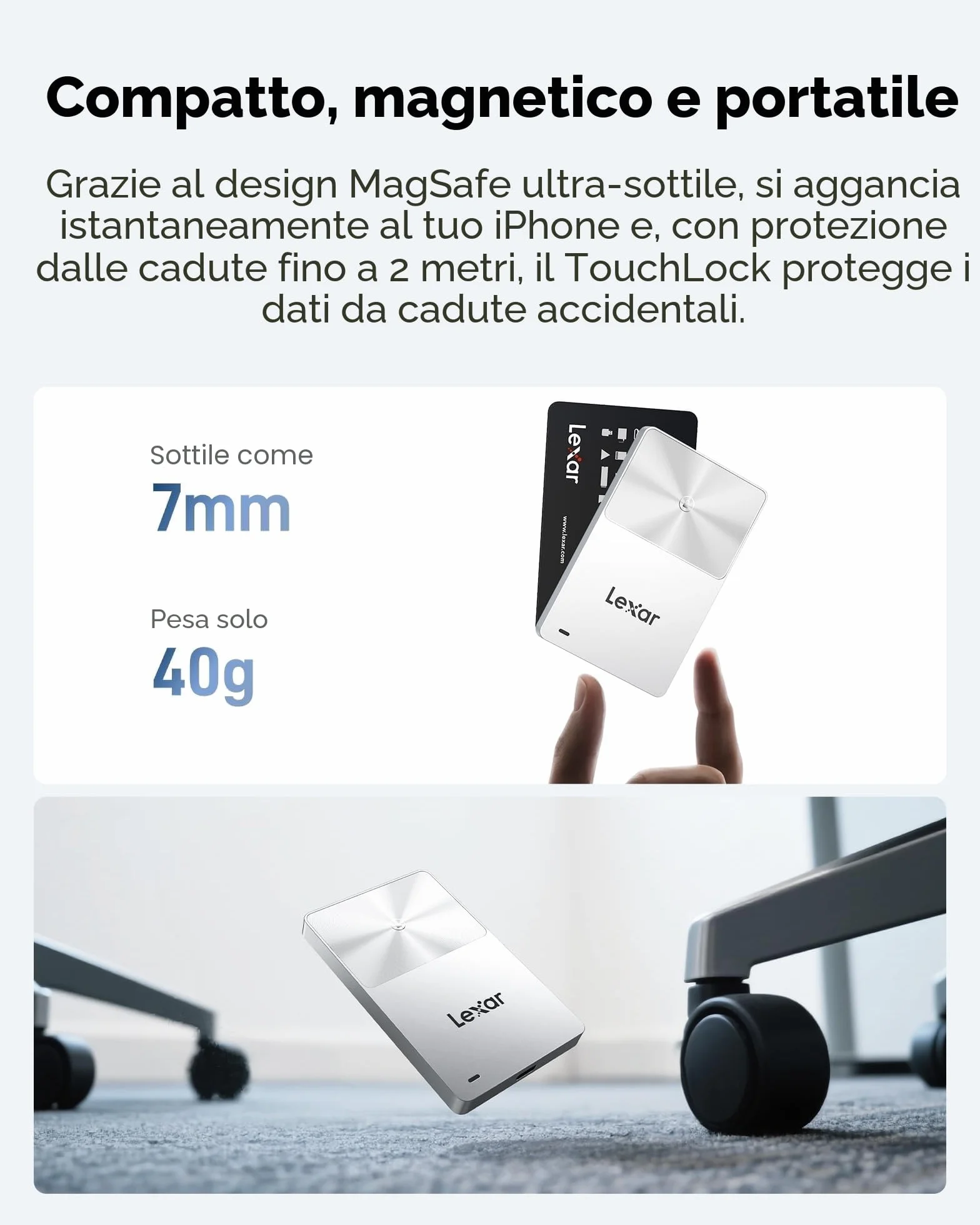 Lexar TouchLock Portatile SSD da 1TB con Autenticazione con Crittografia NFC One-Touch, Unità a Stato Solido Esterne USB 3.2 Gen2, Supporto SSD Magnetico per Telefono per iPhone 17/16, Tablet, PC