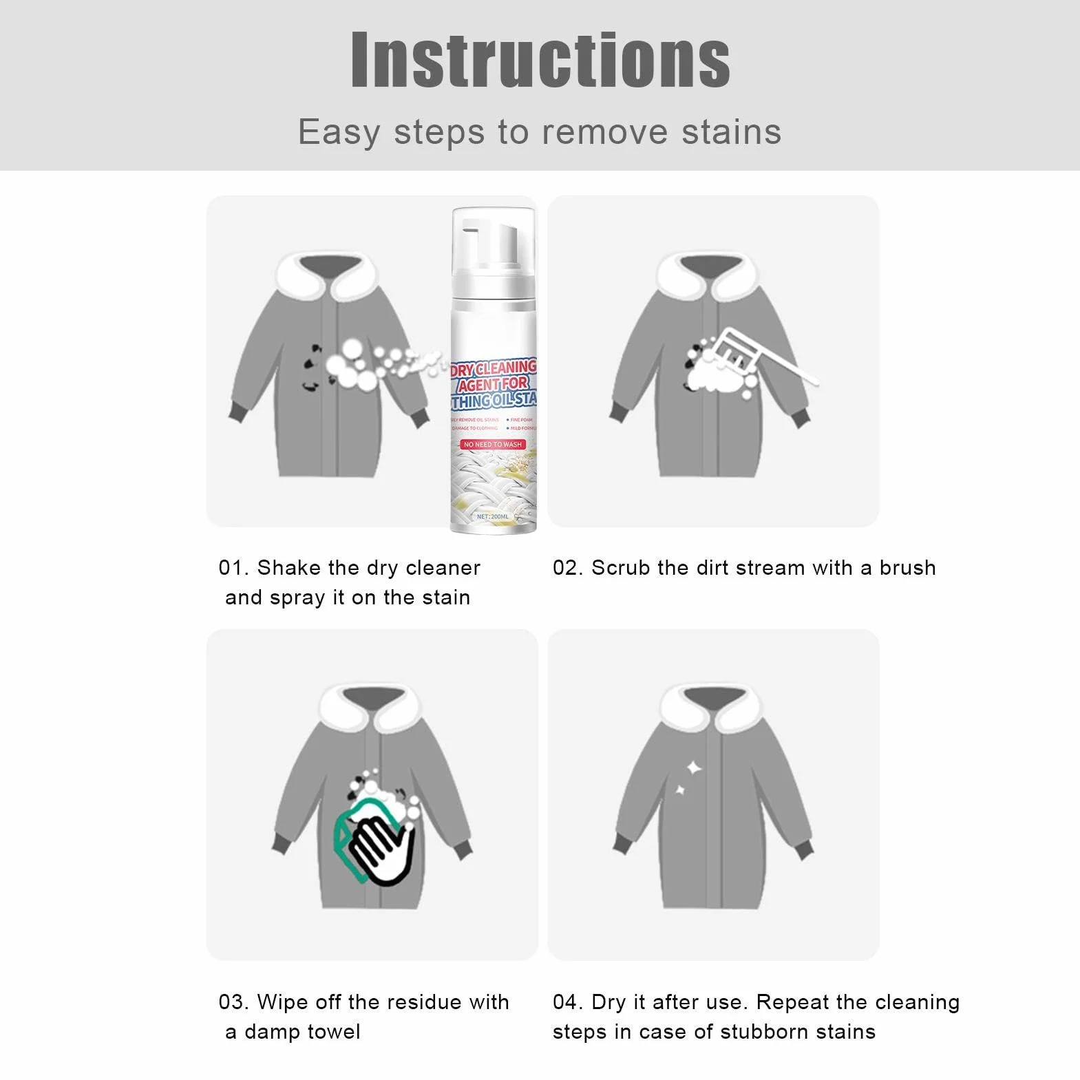 Dry Stain Remover for Clothes Laundry Cleaning Fluid Food Drink Oil Stains