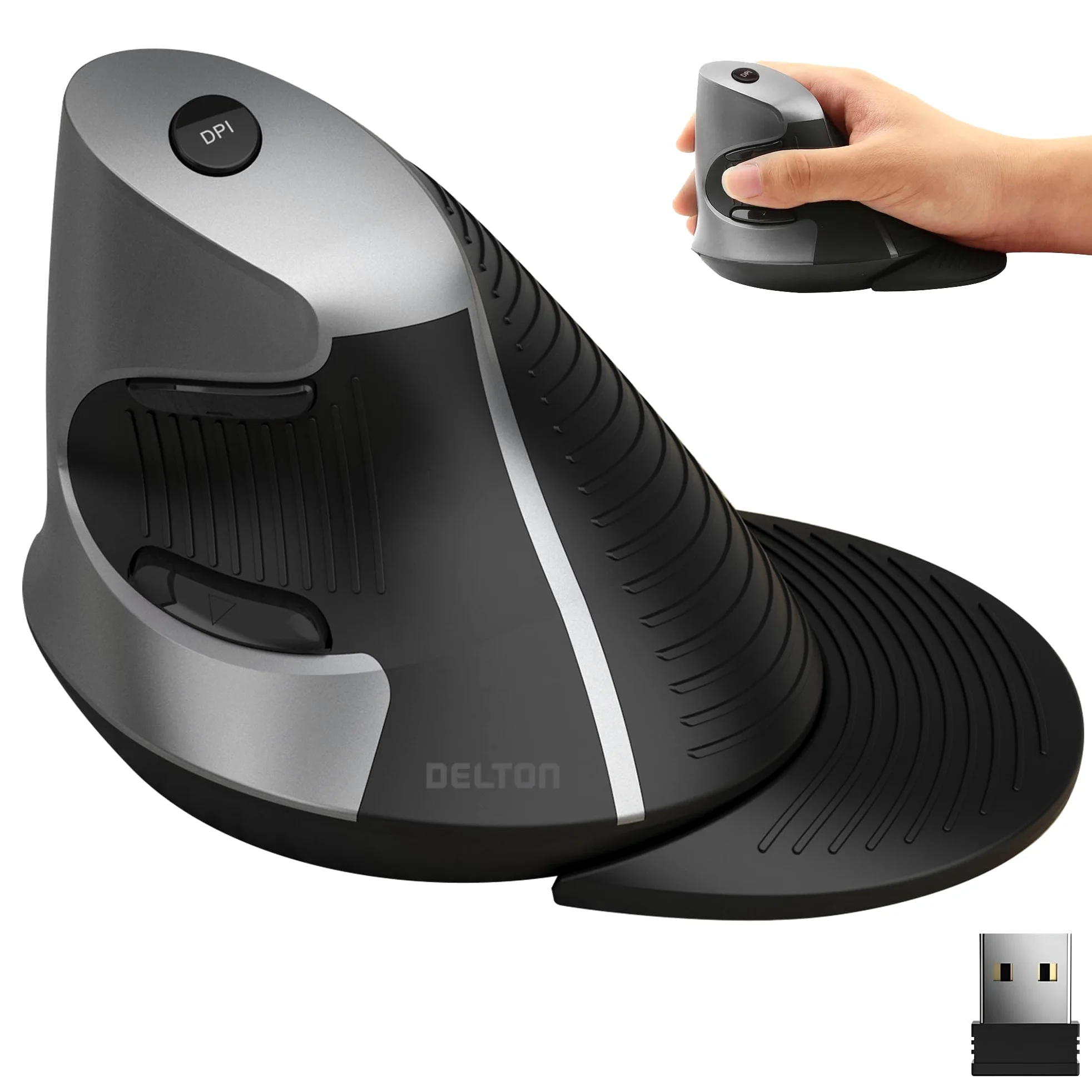 Delton Mouse wireless verticale S22, design ergonomico, dongle USB 2.4G, 6 pulsanti, 3 livelli DPI regolabili (800/1600/2400), poggiapolsi rimovibile, clic silenzioso e durevole per PC, laptop,