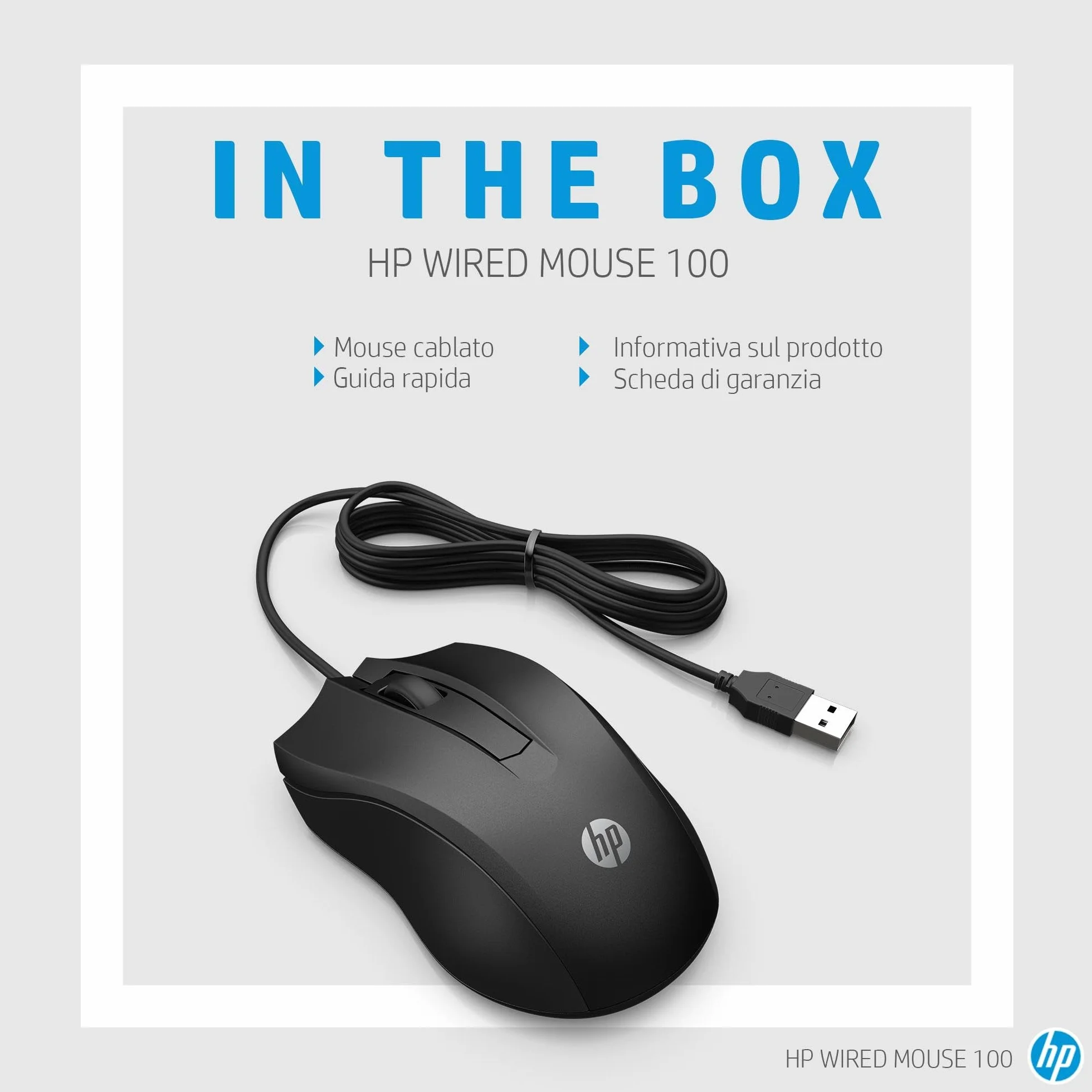 HP 100 Mouse Cablato, 1600 DPI, 3 Pulsanti, Cavo USB-A 1.5m, Ergonomico, Ambidestro, Nero