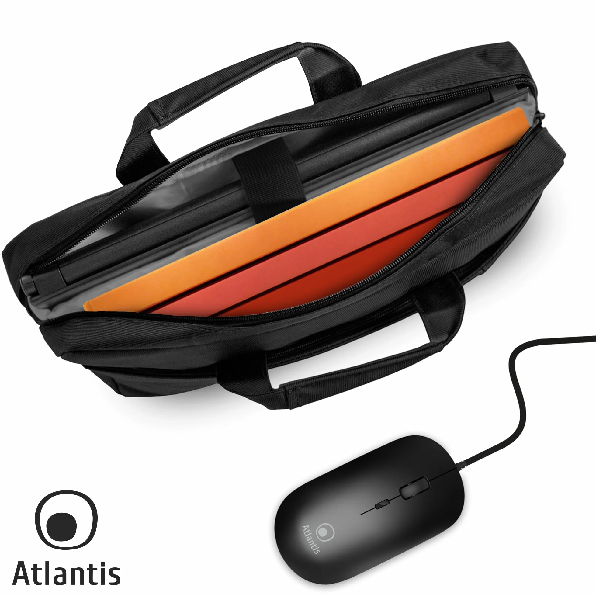 Atlantis Borsa notebook 15.6" pollici + Mouse USB, a tracolla modello Lisbona, imbottitura interna, tasca porta documenti, tasca esterna per accessori, fascia Trolley. Cinghia a tracolla, nero.