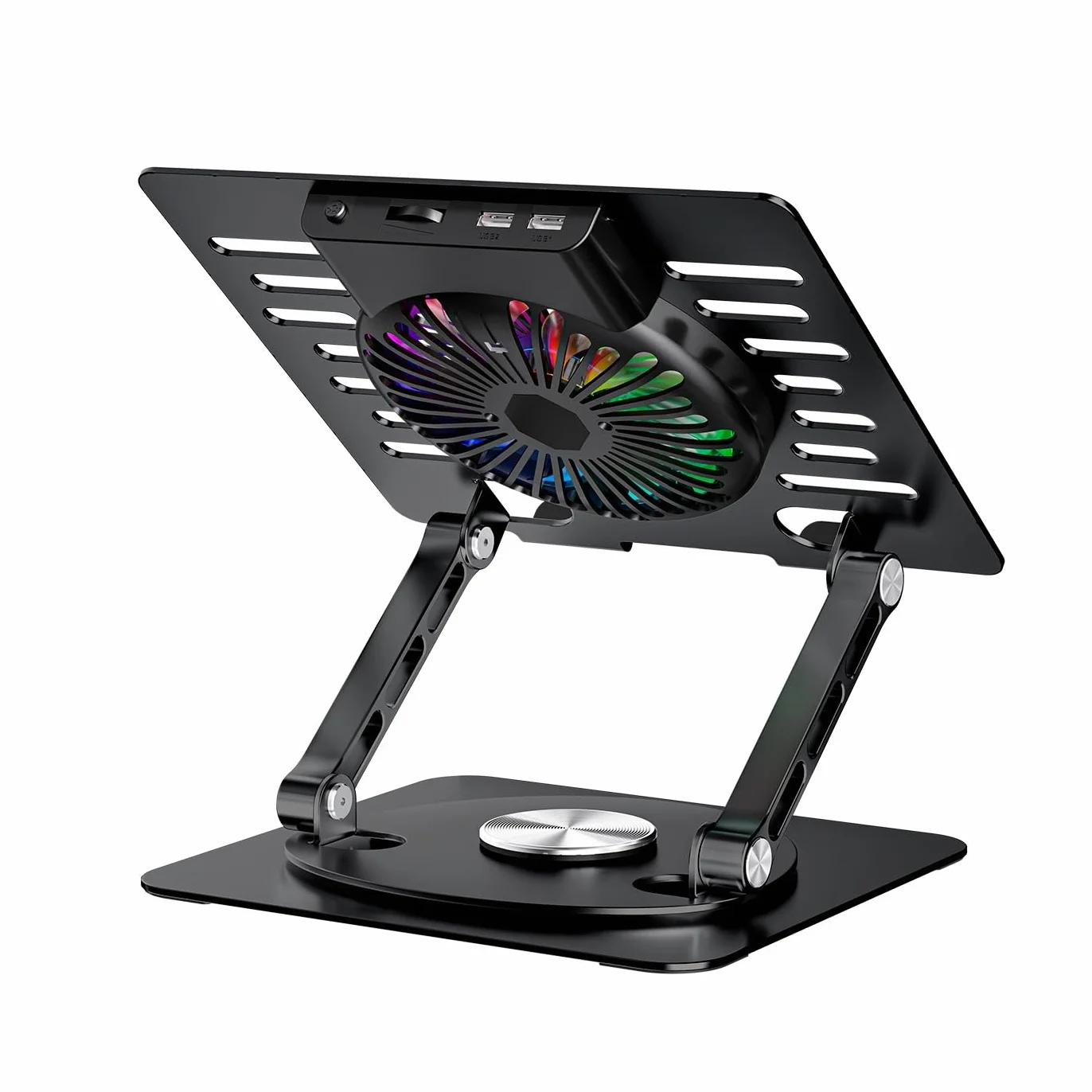 CoolAir Supporto per Tablet/Laptop 17,3" con Ventola Silenziosa RGB 11 cm, Base Regolabile Altezza e Rotazione 360°, Alluminio