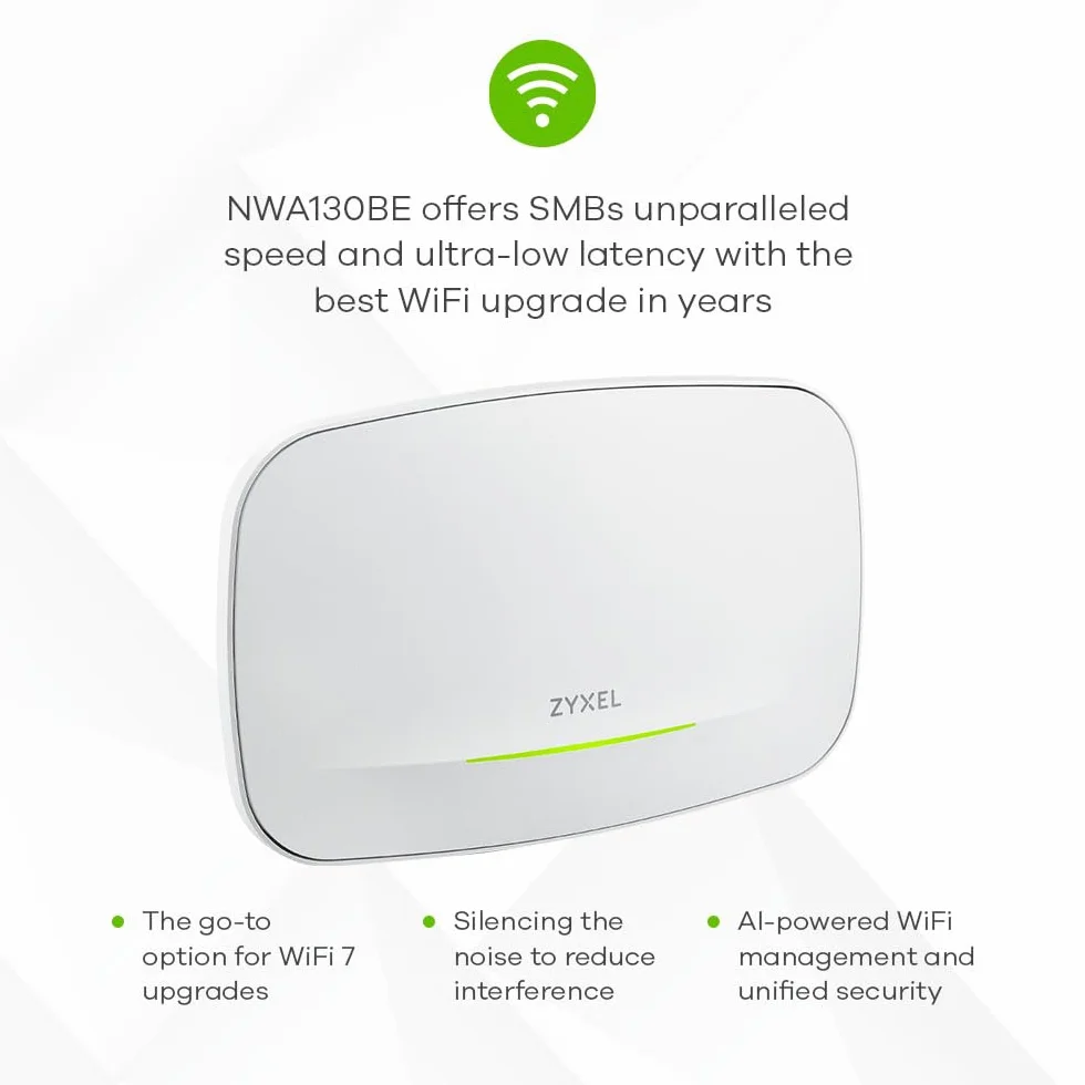 Zyxel WiFi 7 BE11000 Access Point PoE | 2 Porte Ethernet 2.5Gb | PoE+ | Triple Radio Livello Azendiale | Mesh | Gestione Cloud, App o Standalone | Alimentatore USB C (Non Incluso) [NWA130BE]