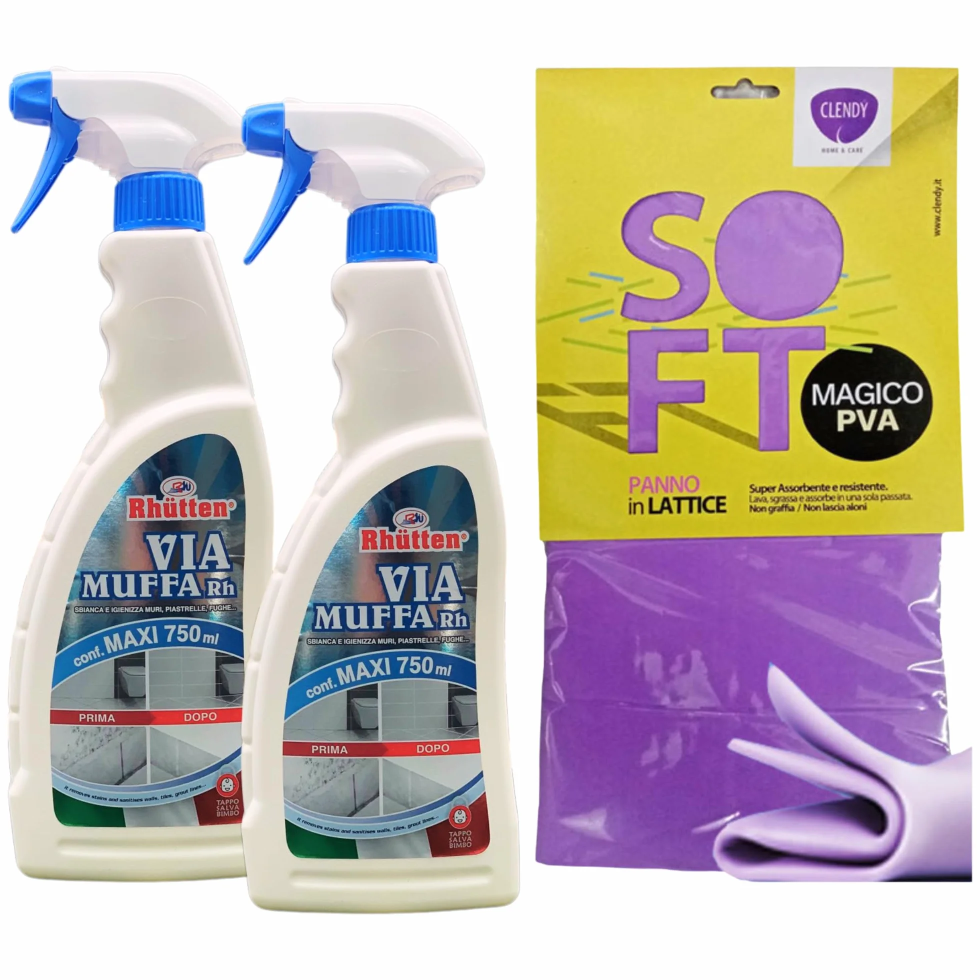 Detergente Spray VIA MUFFA Rh. Sbianca e Igienizza 750ml + Panno SOFT In Lattice 30x30 (2 Flaconi + Panno)