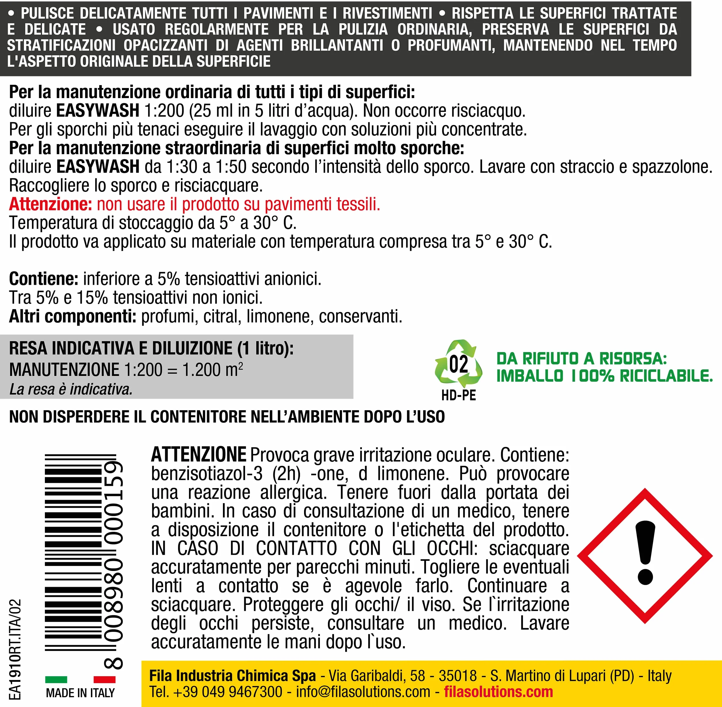 FILA EASYWASH Detergente Neutro Multisuperficie 1 Litro