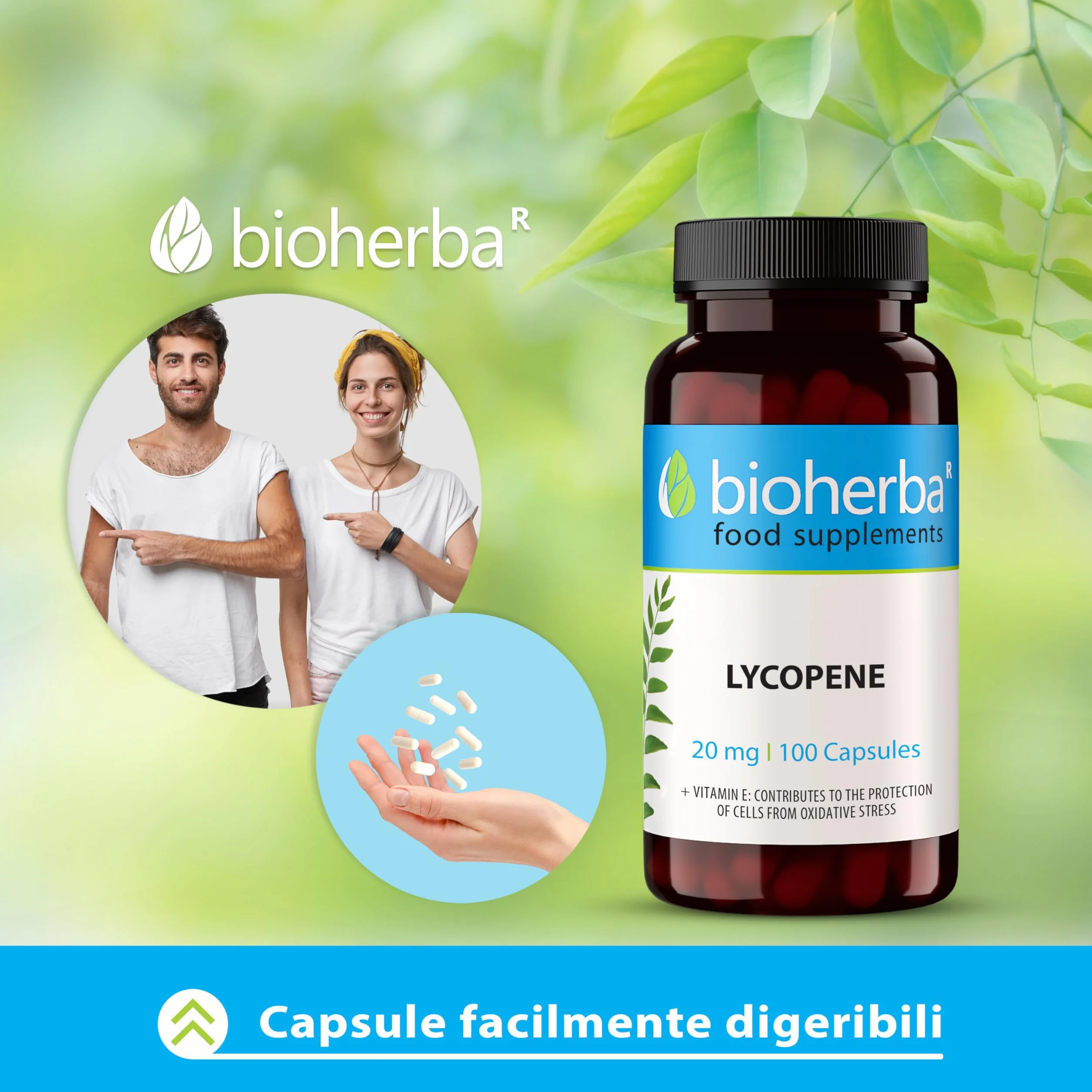 Lycopene Capsule 100 con 20 mg di Licopene e Vitamina E da Estratto di Pomodoro BIOHERBA