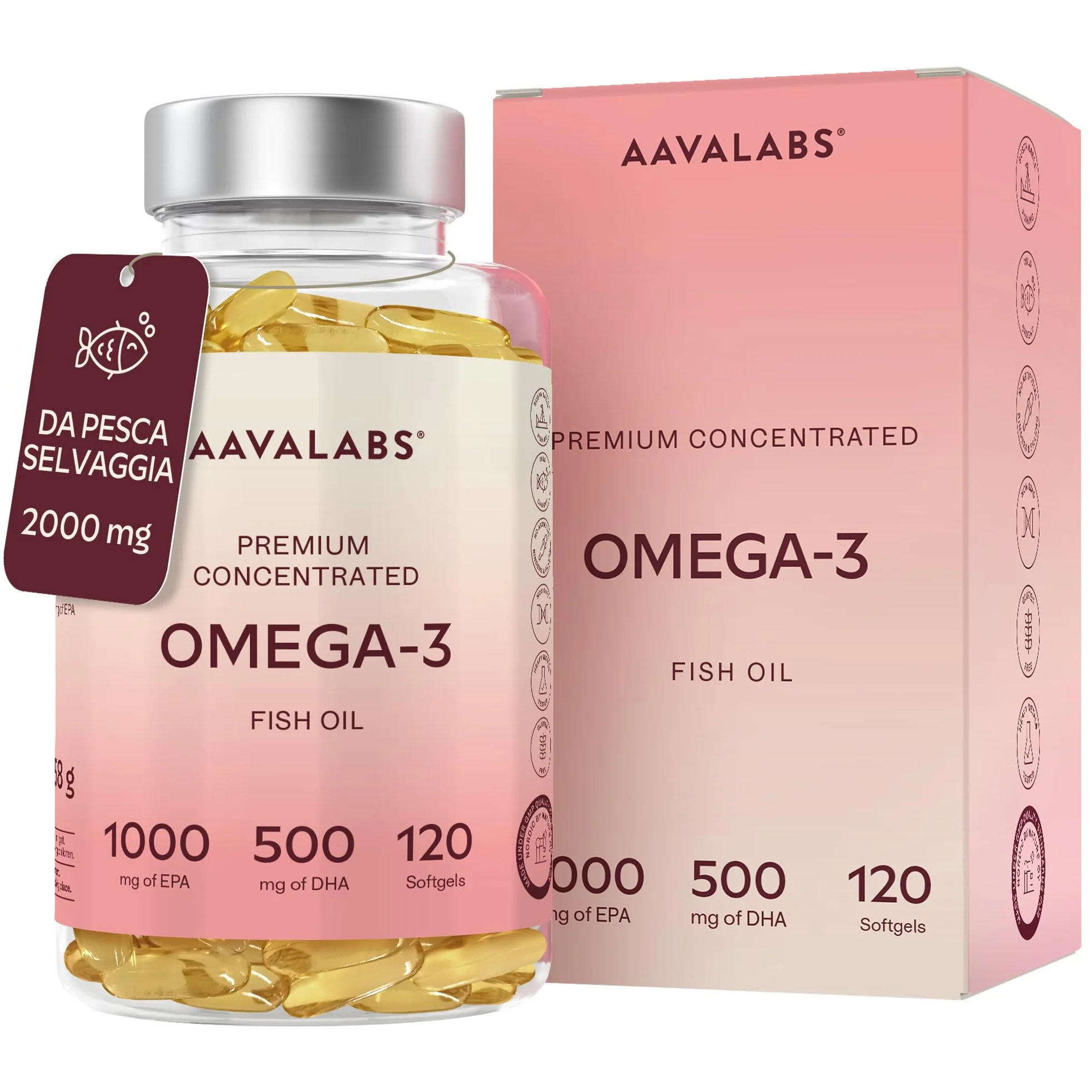 Omega 3 2000mg Alto Dosaggio Olio di Pesce Capsule Integratore EPA 500mg DHA 120 Softgel