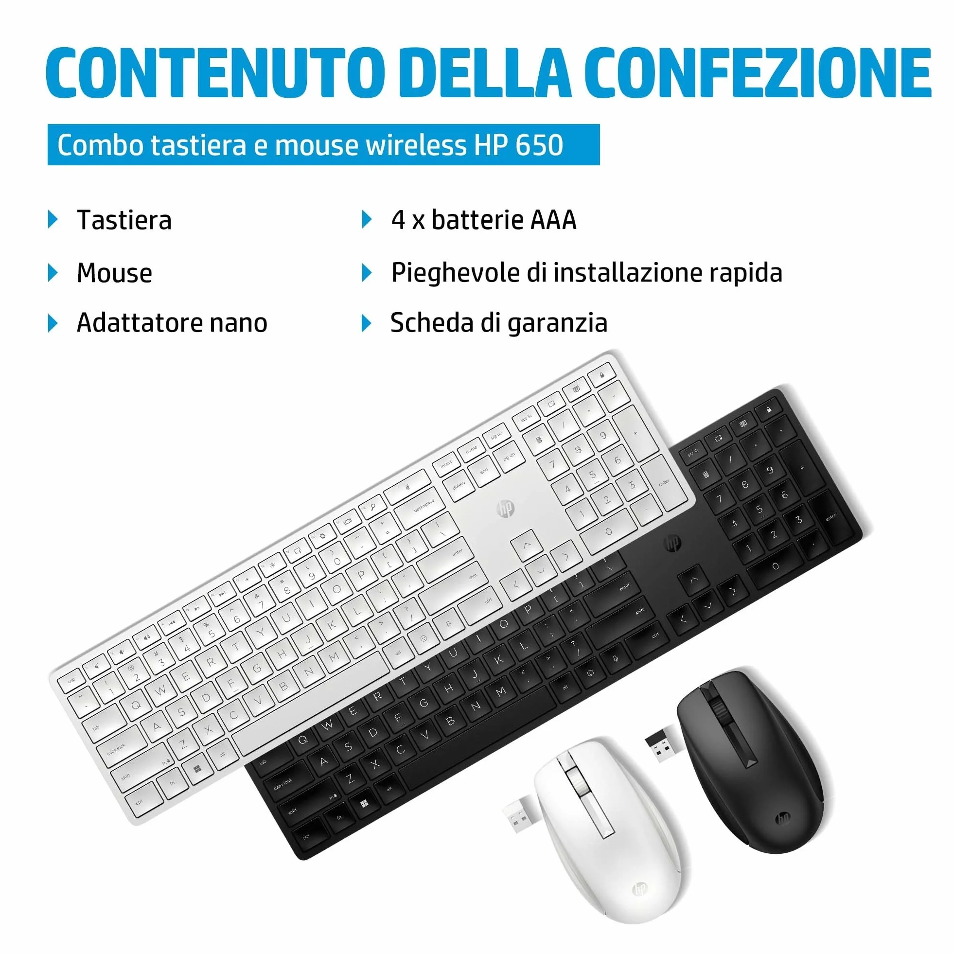 HP 650 Tastiera e Mouse Wireless con Dongle USB-A a 2,4 GHz, 20 Tasti programmabili, Piedini Regolabili con 6 Gradi Inclinazione, Tastierino Numerico, Mouse fino a 4000 DPI Personalizzabili, Nera