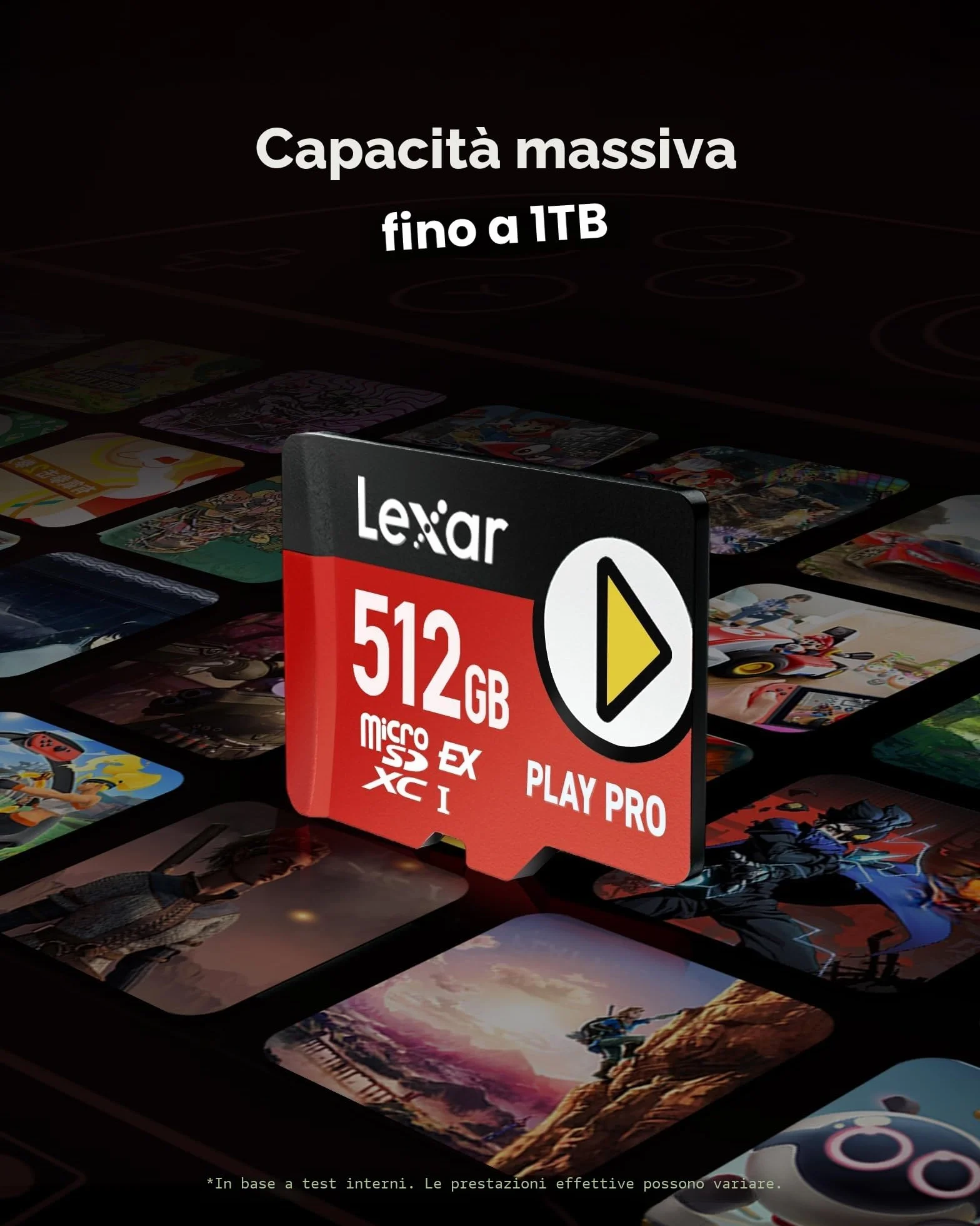 Lexar PLAY PRO Scheda MicroSDXC Express 512GB, fino a 900MB/s lettura, 600MB/s scrittura, ottimizzata per gaming, A2, 4K, ad alta velocità per console portatili, Switch, dispositivi di gioco portatili