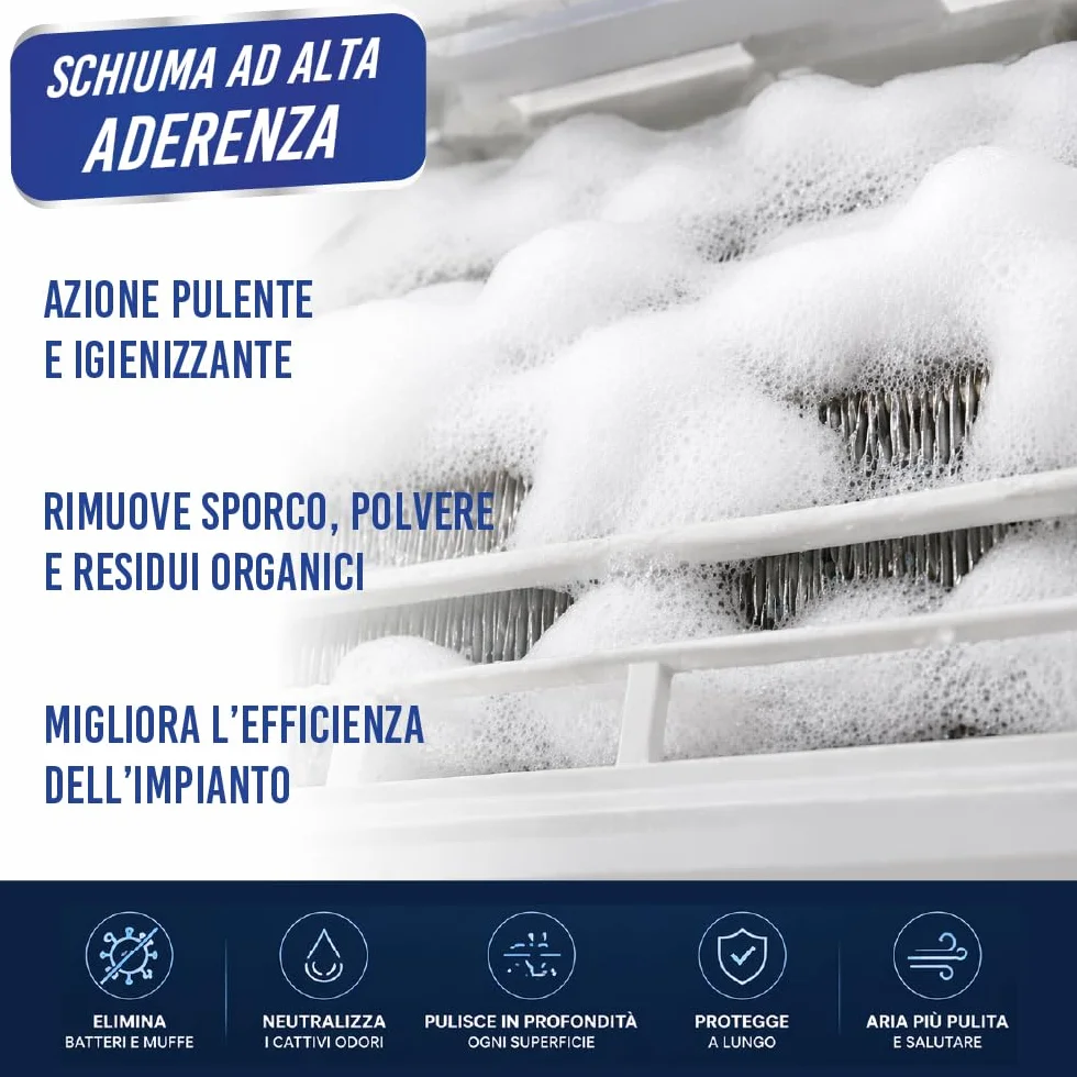 ENJOY HOME PULICLIMA Igienizzante Condizionatori Spray 500ml - Schiuma Attiva ai Sali Quaternari di Ammonio per Split e Filtri - Pulitore Professionale Antibatterico al Profumo di Mughetto
