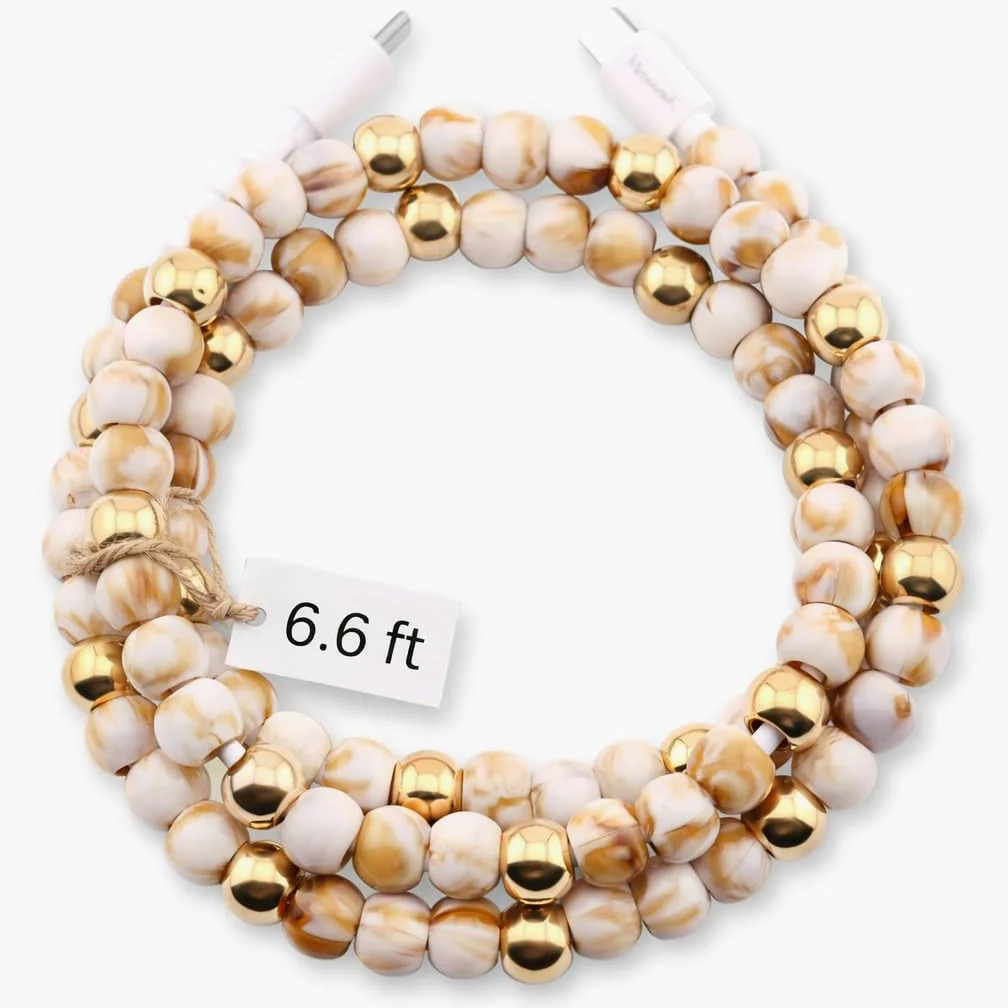 Elegante cavo di ricarica per telefono con perline colorate cavo di ricarica USB per smartphone (USB C a USB C, marmo e oro, 2 m)