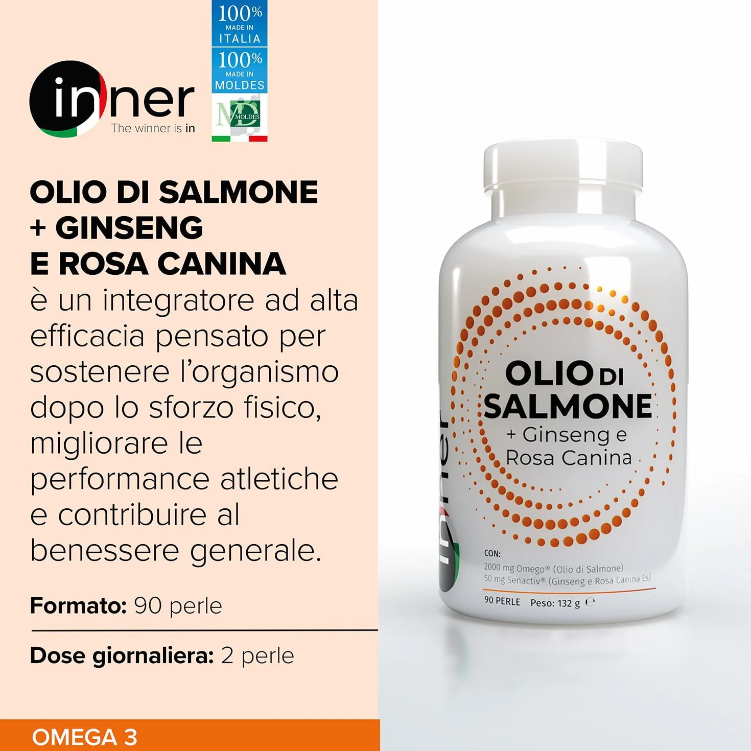 Inner Olio di Salmone + Ginseng e Rosa Canina 90 perle – Integratore Naturale Omega a Spettro Completo con OmeGo® DPA DHA EPA Astaxantina