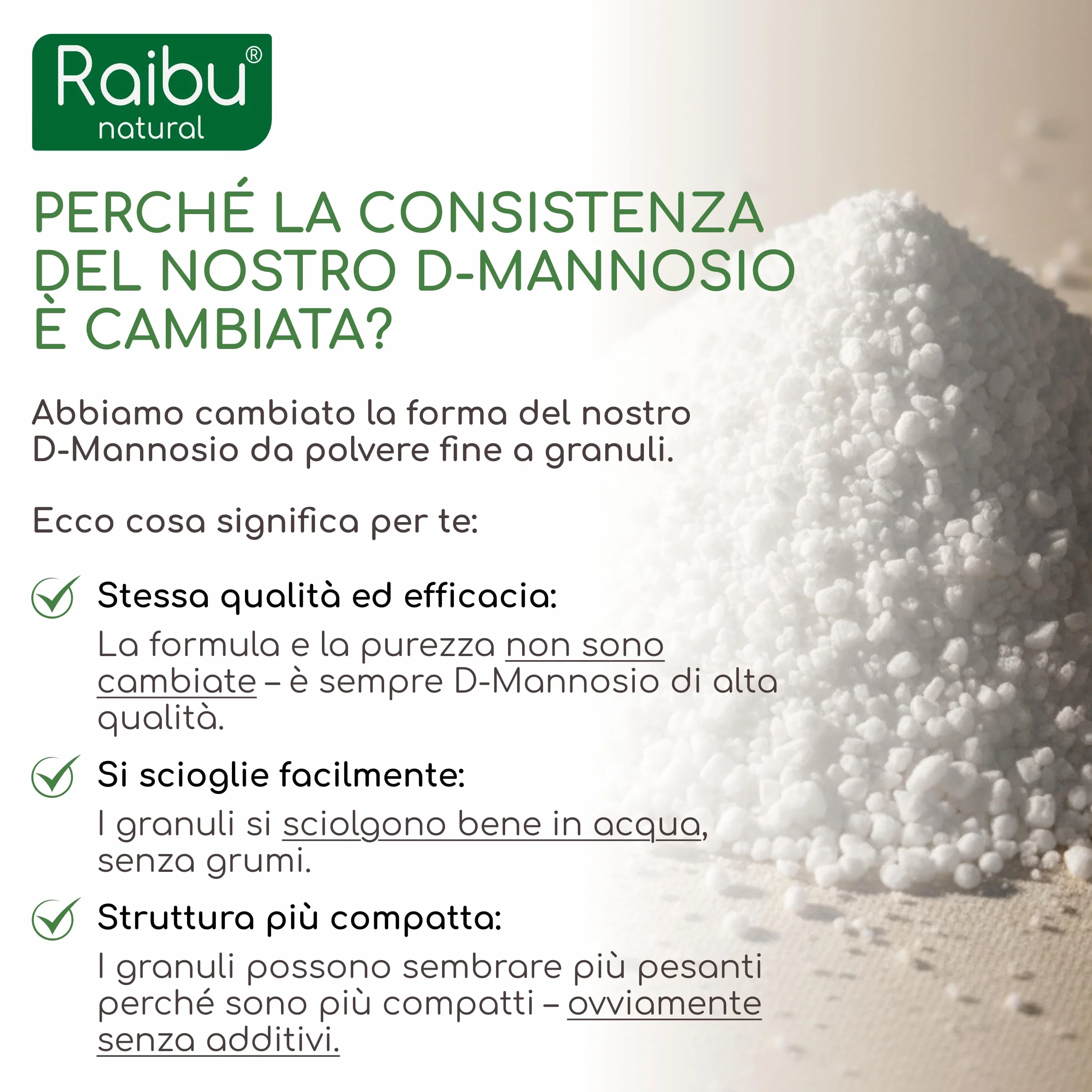 Raibu D-Mannosio Polvere 250g Naturale Vegan Cucchiaio Dosatore