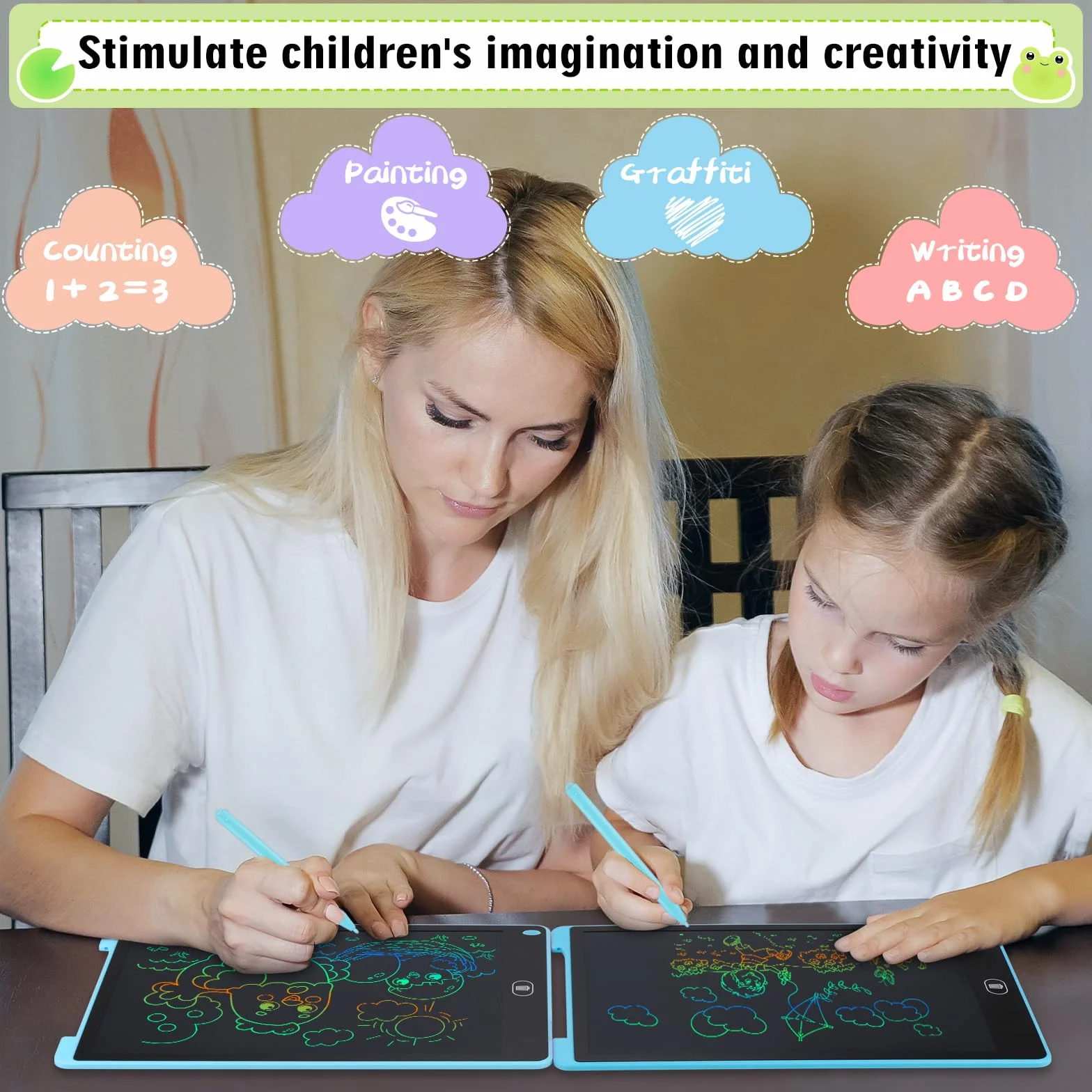 Tavoletta Grafica LCD 12 Pollici 2 Pezzi Schermo Colorato per Bambini Cancellabile Adesivi Animali Blu