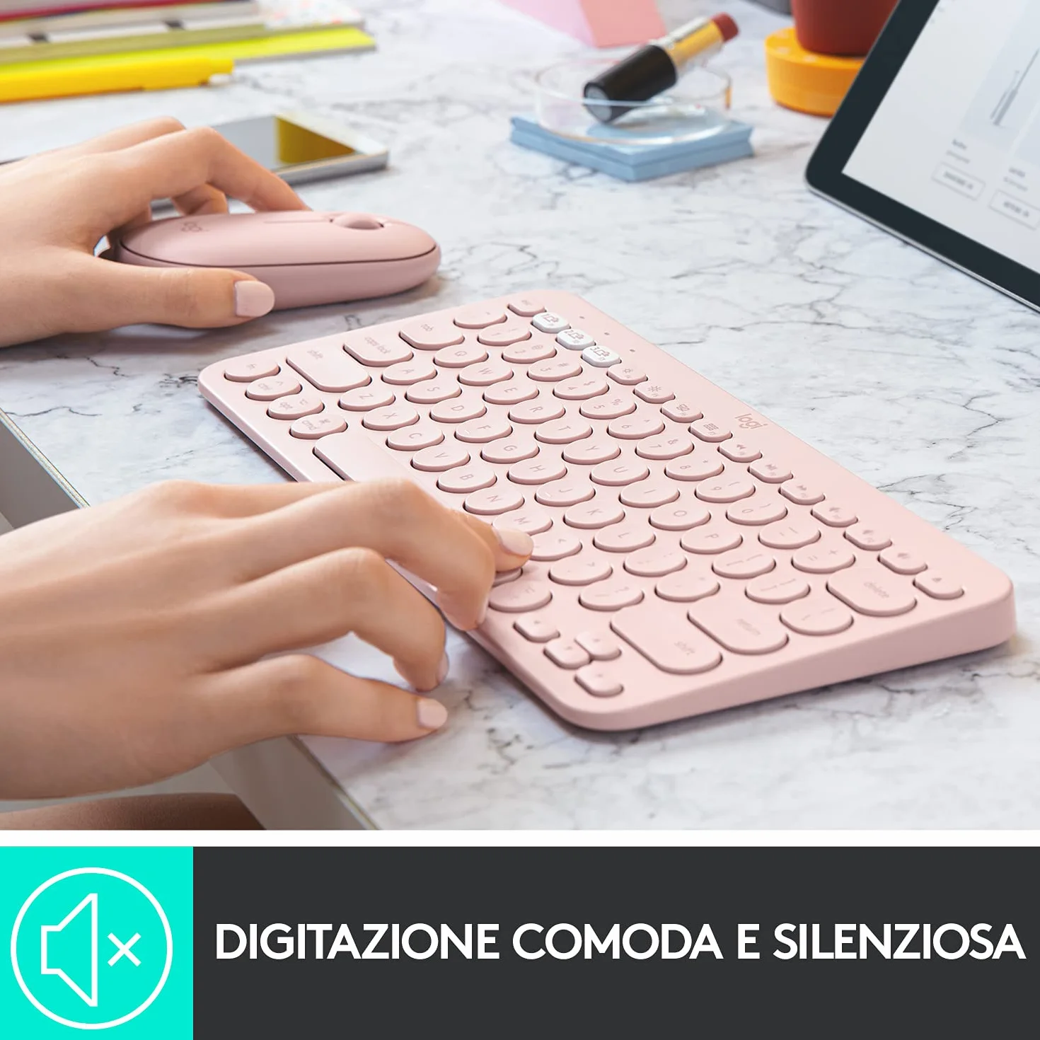 Logitech K380 Tastiera Bluetooth Multidispositivo per Mac, Rosa, Layout Qwerty Italiano, Compatta