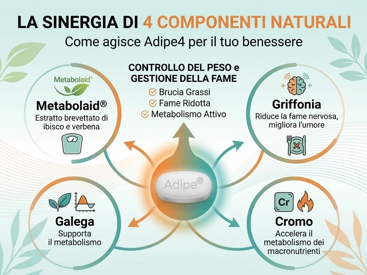 Adipe4 Integratore Dimagrante con Metabolaid, Griffonia, Galega e Cromo - 24 Compresse