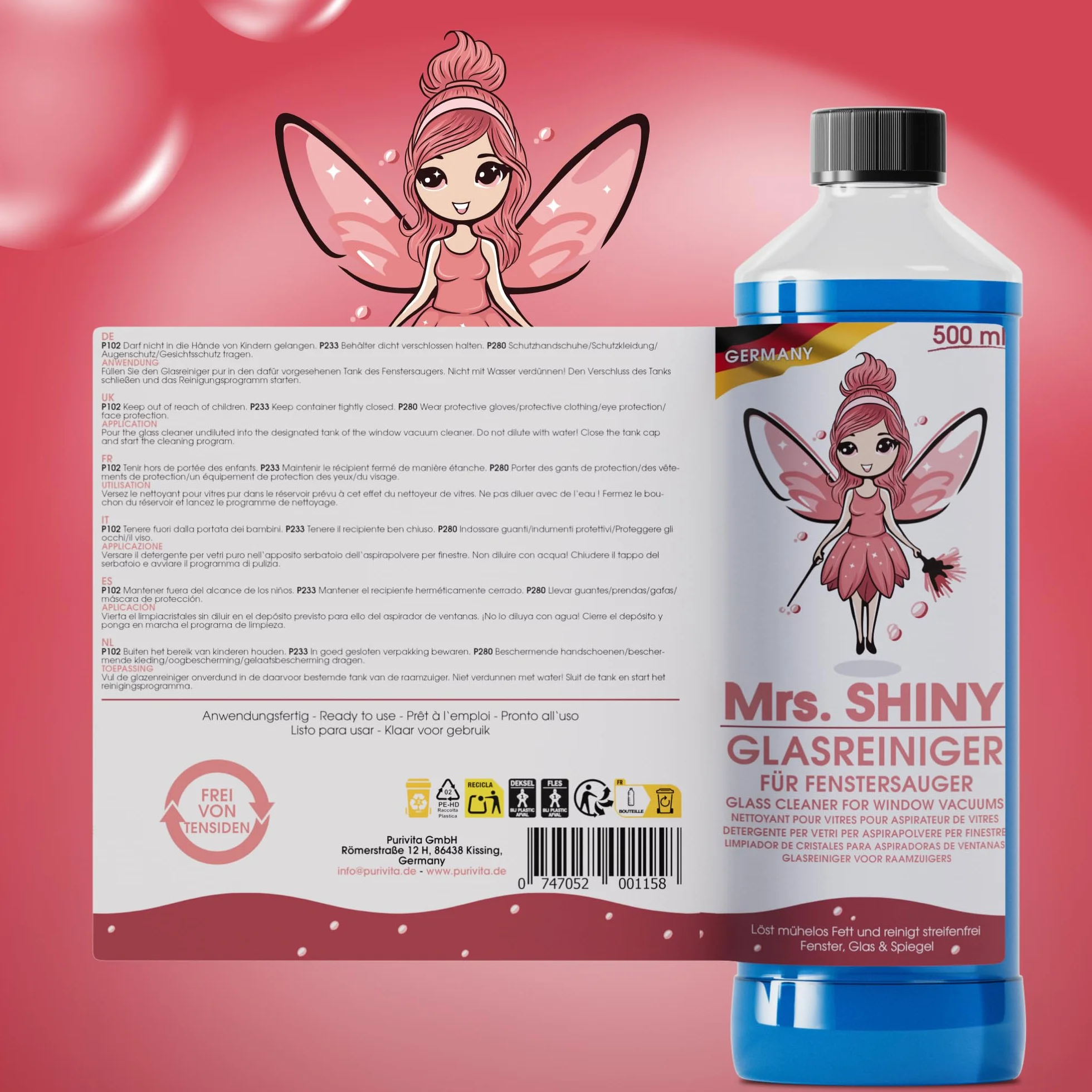 MRS. SHINY Detergente per Vetri per Aspiragocce 500ML Senza Risciacquo Formula Senza Schiuma Brillantezza Perfetta Senza Aloni