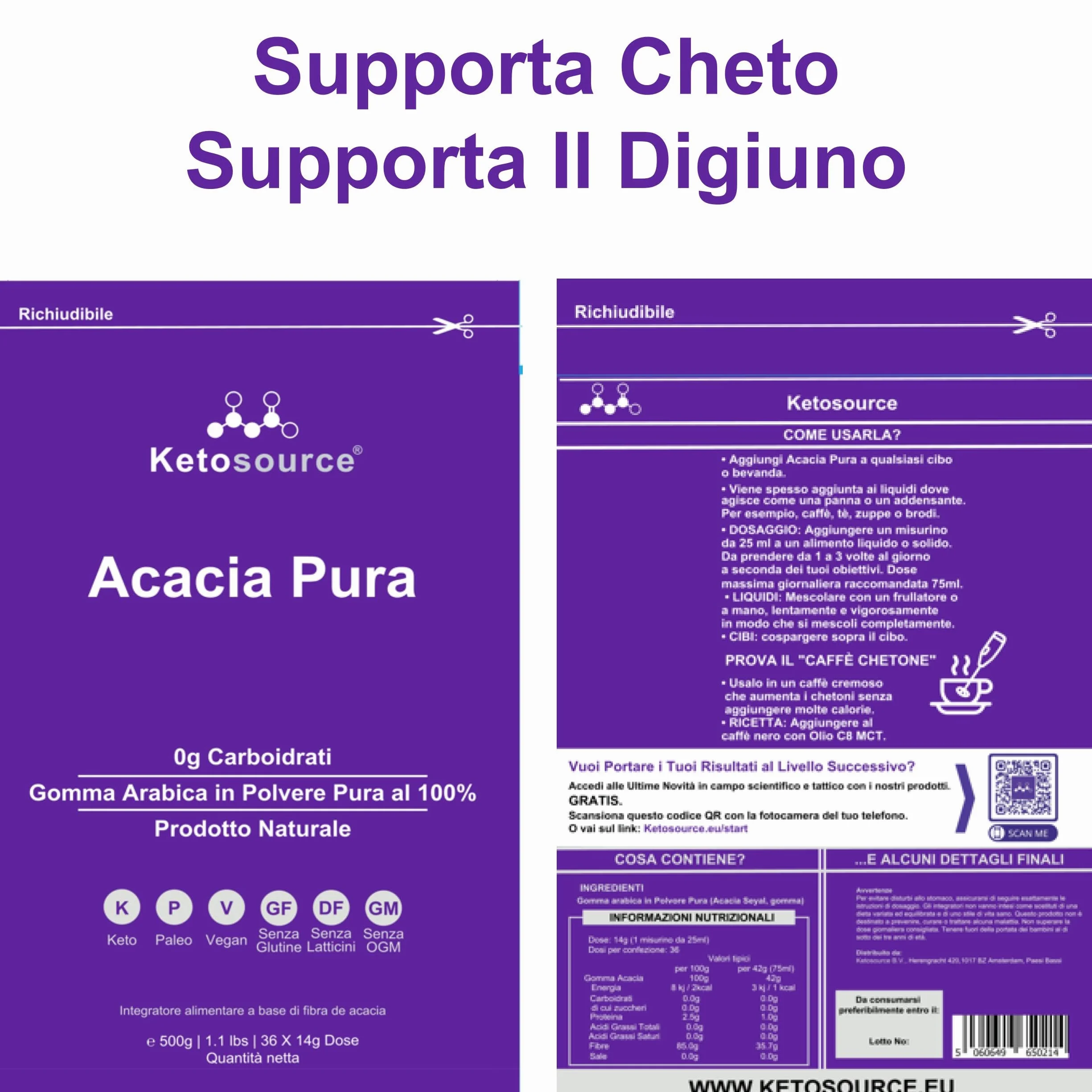 Fibra di Acacia Pura 500g Integratore Alimentare Prebiotico Zero Calorie Chetogenica