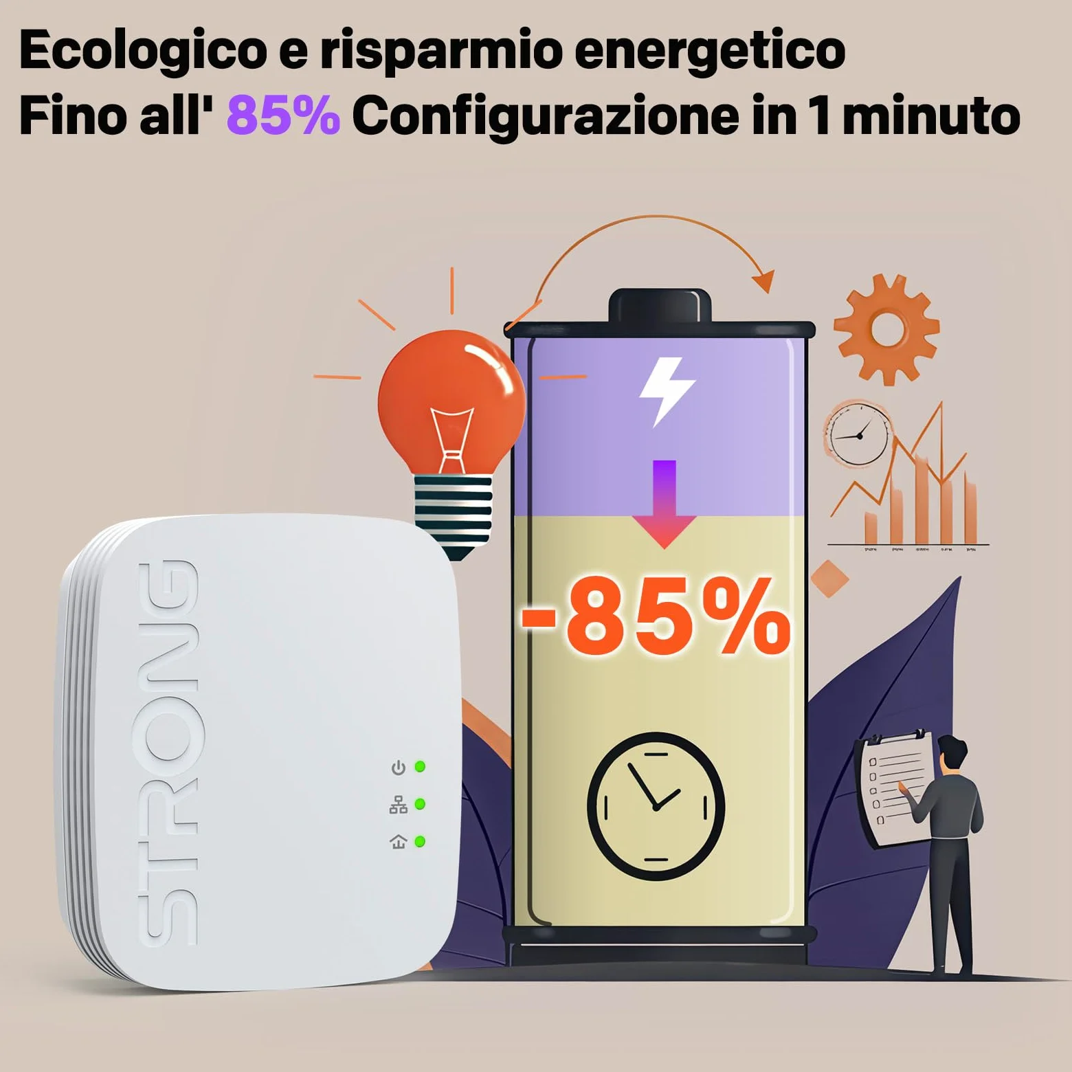 STRONG AV1000Mbps Kit Powerline, Ripetitore Powerline Ethernet HomePlug AV2, Plug & Play con Tasto Pair, Porte Gigabit, Modalità Risparmio Energetico, Design Compatto