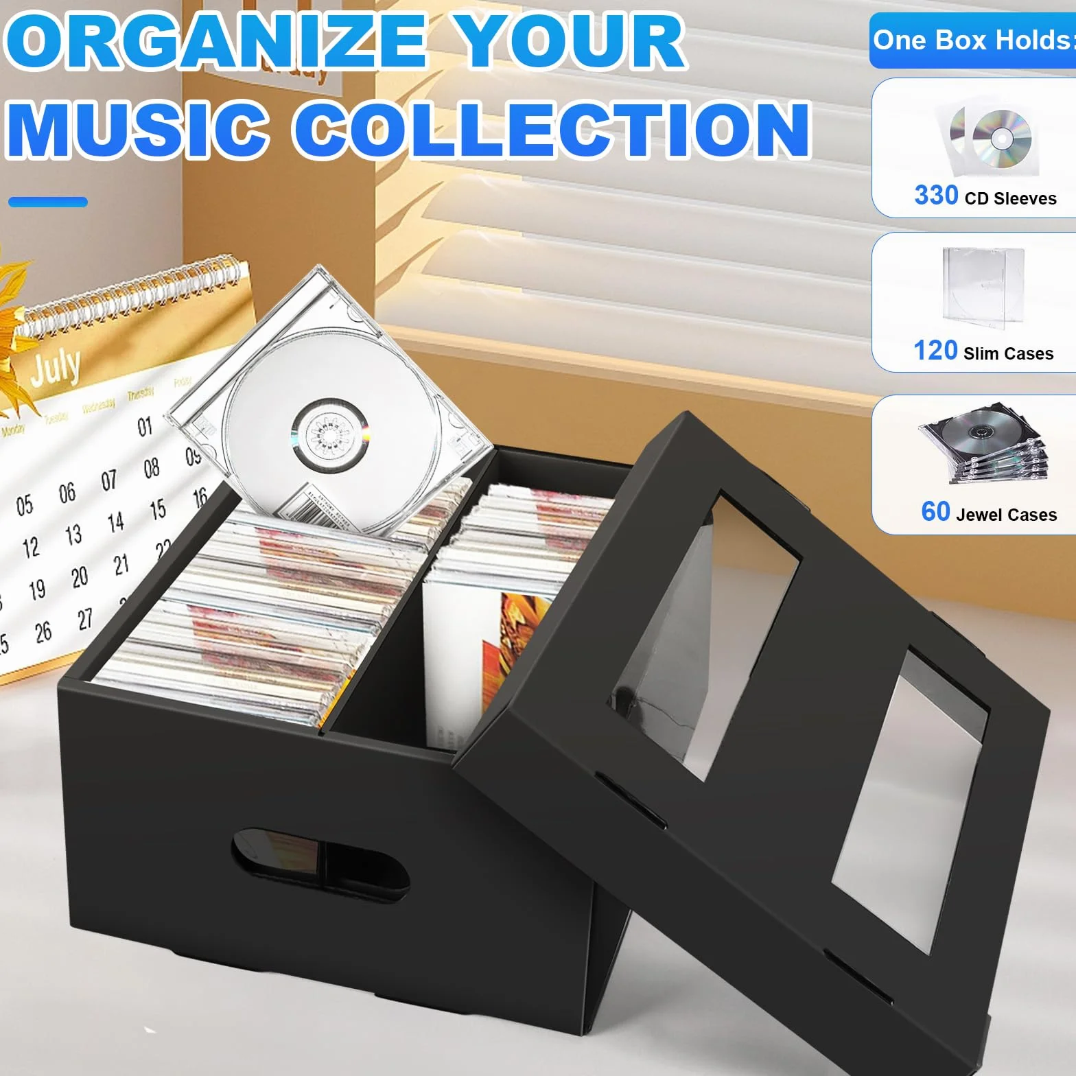 AOBOPLE Set di 3 scatole di immagazzinaggio CD a 2 scomparti con lucernario trasparente, archiviazione DVD può contenere 990 CD tascabili/360 custodie sottili/180 custodie Jewel