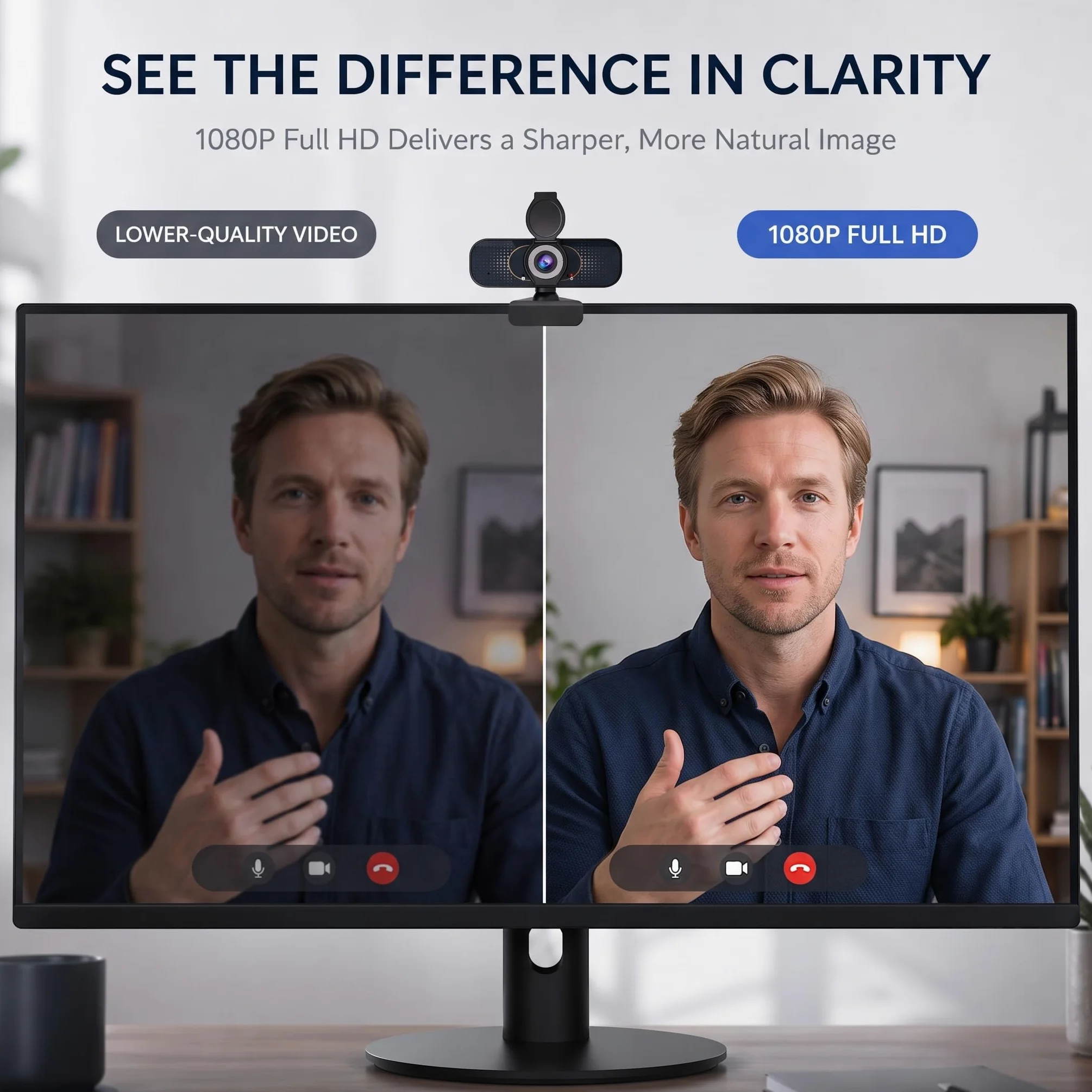 Webcam HD 1080P con treppiede girevole, microfono integrato, copertura per la privacy, fotocamera grandangolare, correzione automatica della luce, USB Plug & Play, per laptop, desktop, PC