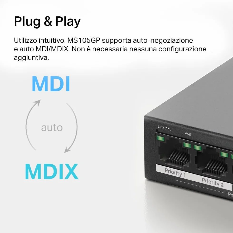 TP-Link Mercusys MS105GP PoE+ Switch 5 Porte Gigabit con 4 PoE+, 30W per Porta PoE, 65W su Tutte le Porte, 802.3af/at, Cassa in Metallo, Durevole e silenzioso, Sdoppiatore Ethernet, Plug&Play