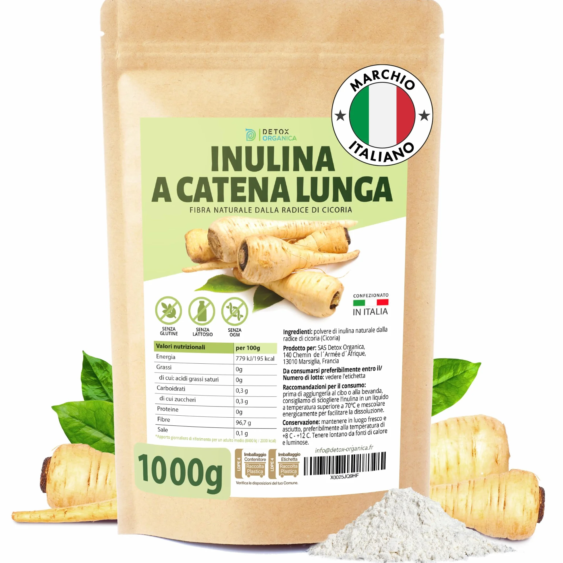 Detox Organica Inulina di Cicoria a Catena Lunga 1000g Polvere Fibra Vegetale Vegana
