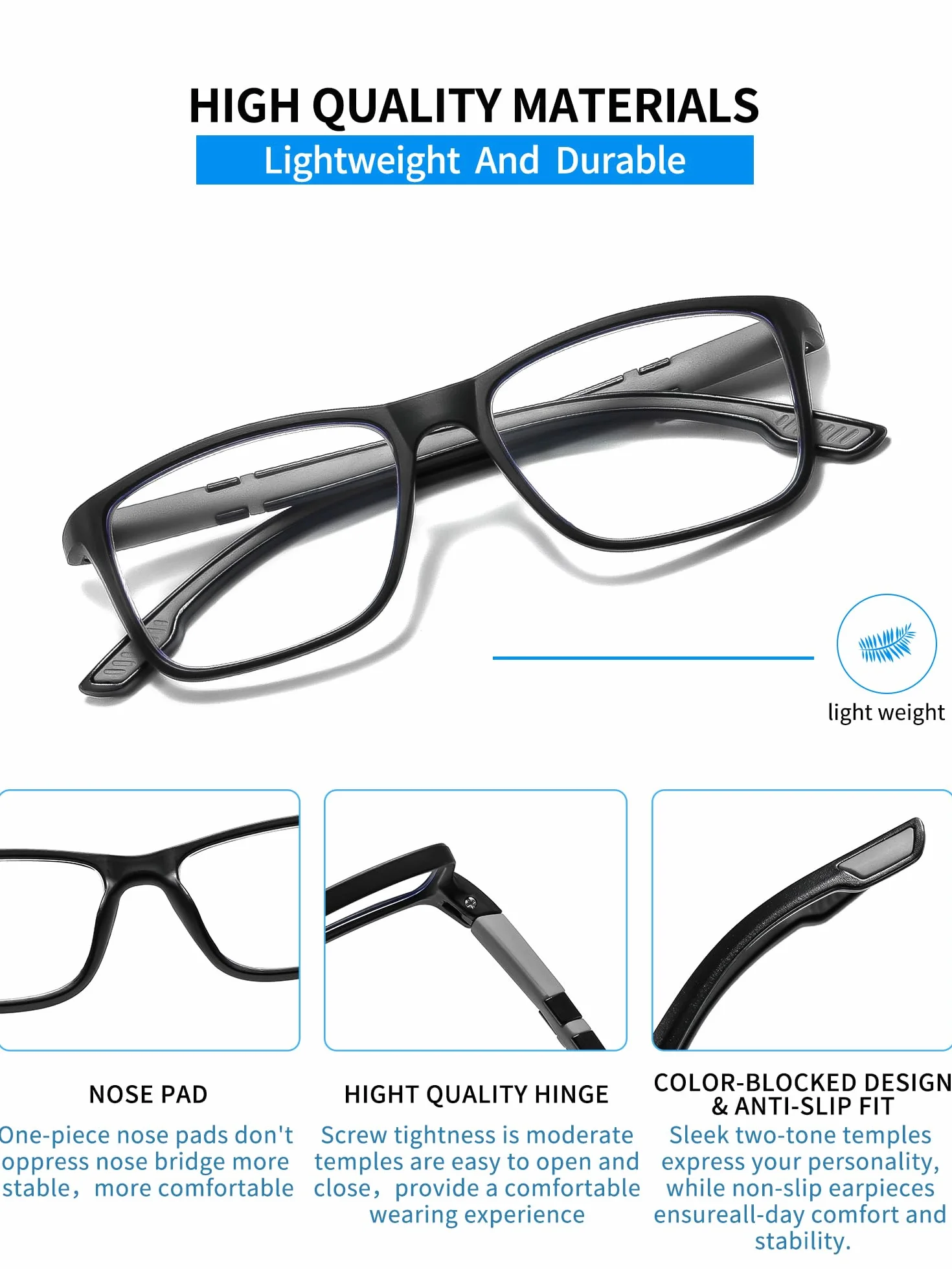 Occhiali da Lettura con Luce Blu e Lenti Fotocromatici a Sfumatura Grigia, Montatura Rettangolare Leggera PC