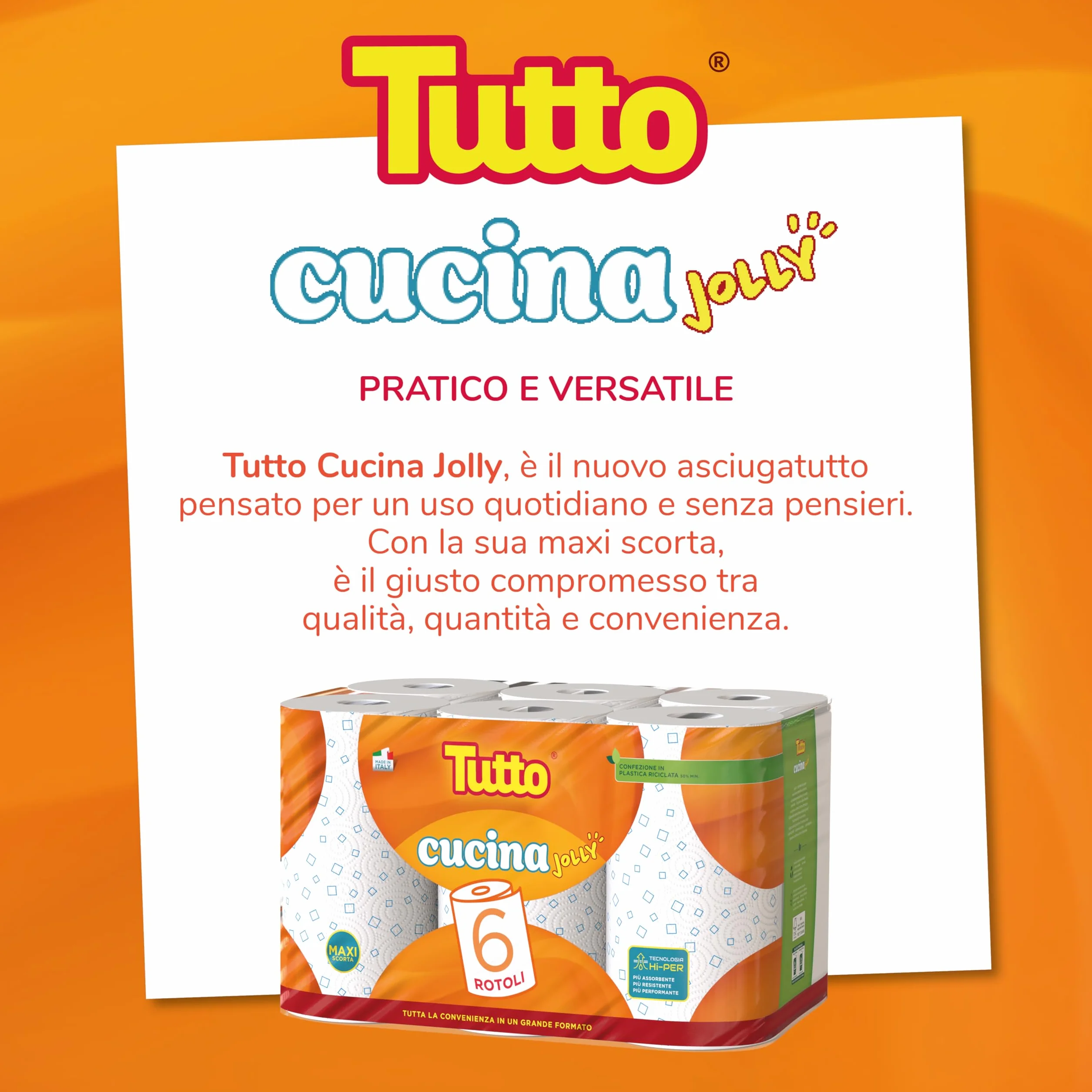 Tutto Cucina Jolly Asciugatutto 6 rotoli con Motivo Geometrico, Tecnologia HI-PER, Pura Cellulosa FSC® MIX