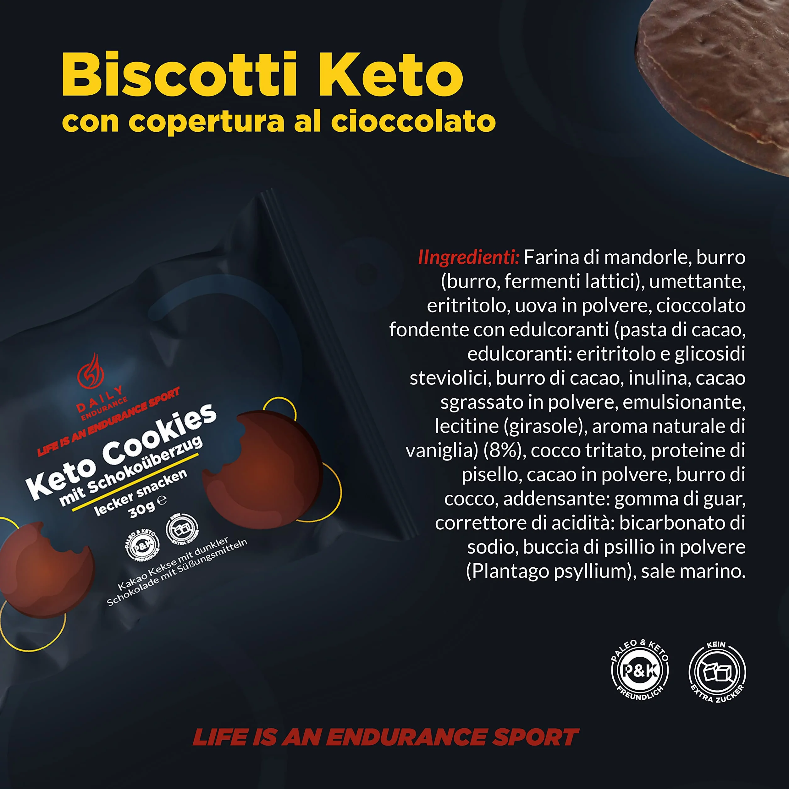 Daily Endurance Biscotti Keto Senza Zucchero 540g 0,7g Carboidrati Ghiaccioli al Cioccolato Spuntini Low Carb