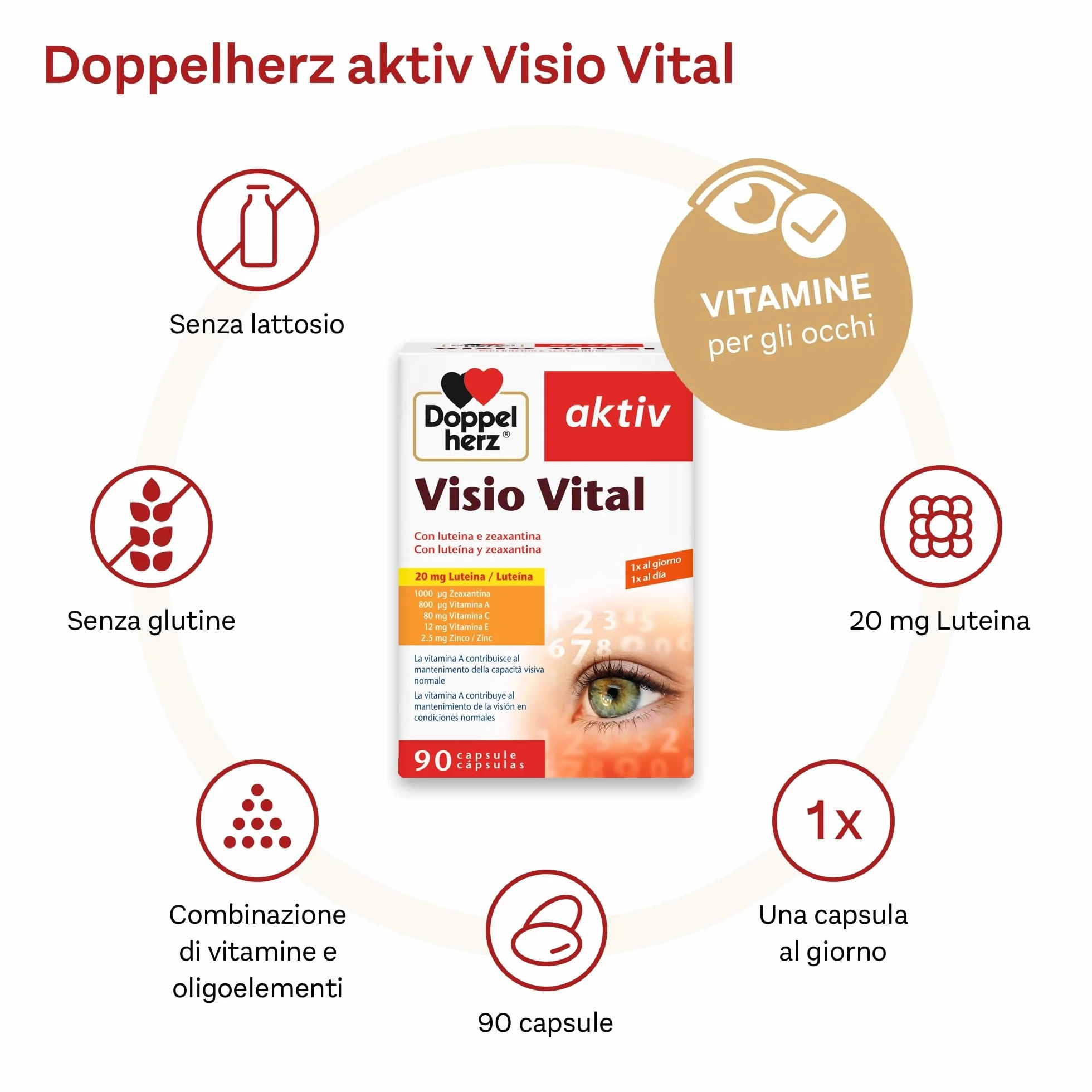 Doppelherz aktiv Visio Vital Integratore Alimentare per la Vista con Luteina, Zeaxantina, Vitamina A C E e Zinco 90 Capsule