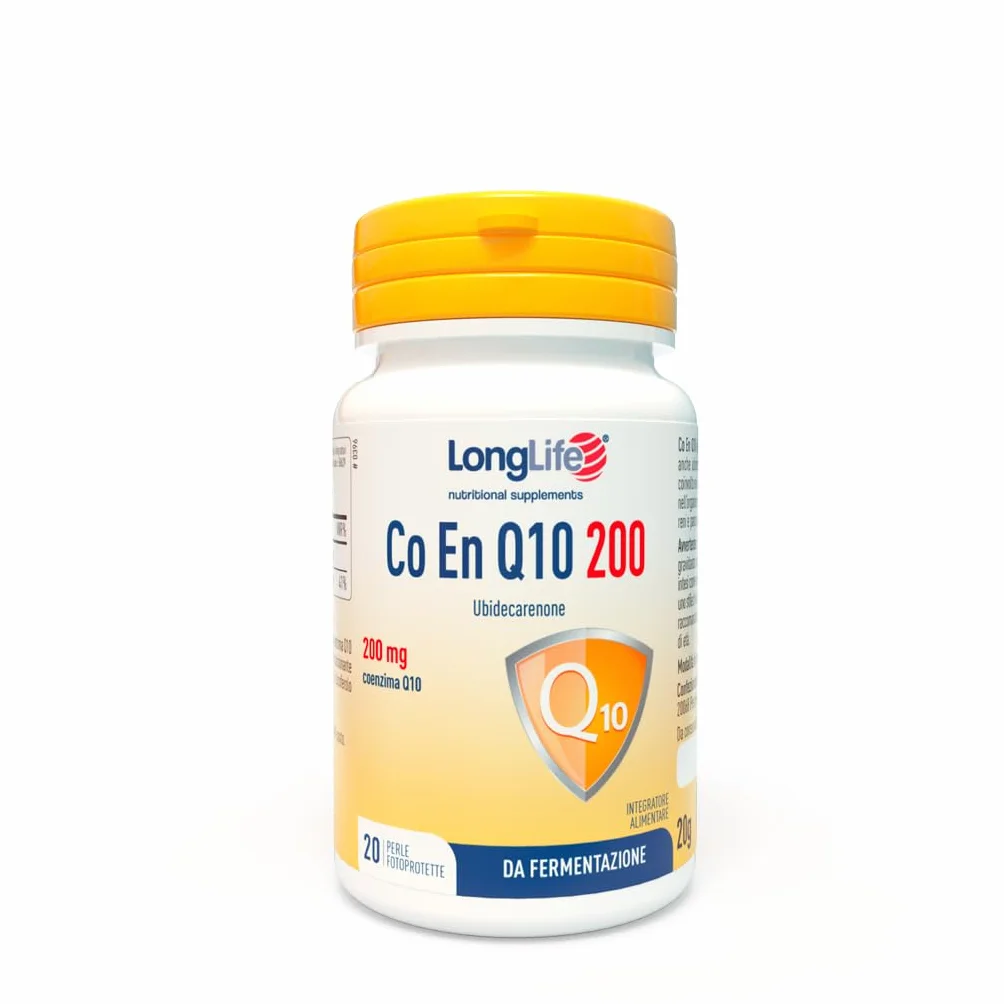 LongLife® CO EN Q10 200 | Coenzima Q10 | Ubidecarenone puro | Alto dosaggio con vitamina E | 20 perle fotoprotette