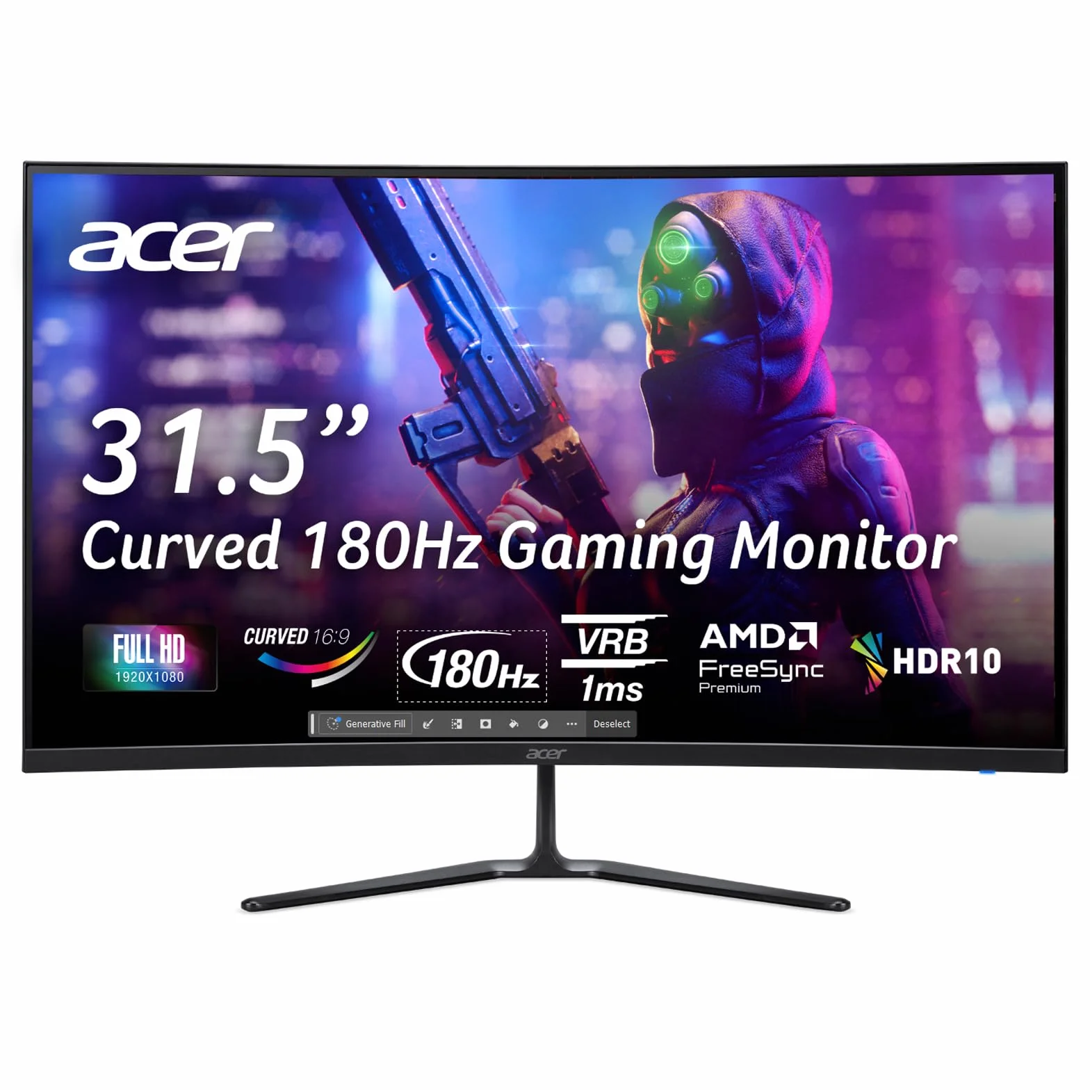 acer Nitro ED320QRS3biipfx Monitor Gaming Curvo FreeSync Premium, 31.5", Display FHD VA,180 Hz, 1 ms (VRB), HDMI 2.0, DP 1.2, Audio out, Zeroframe, Luminosità 250 cd/m2, Cavo HDMI Incluso, Nero