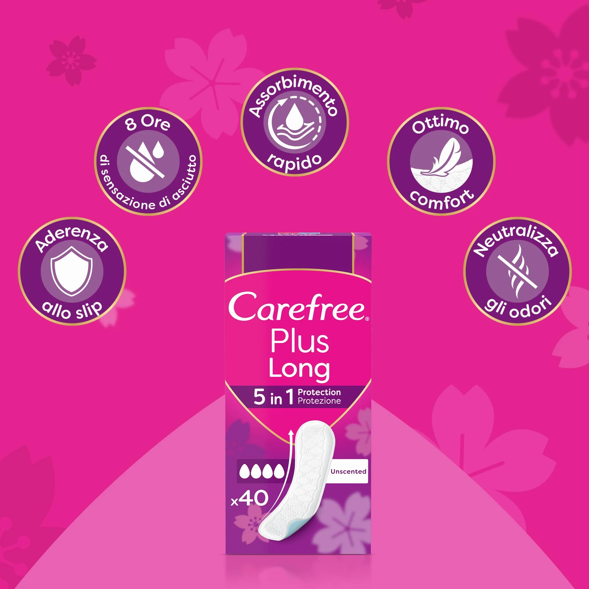 Carefree Salvaslip Plus Long Senza Profumo, Salva slip donna extra lungo, protezione 5in1, 40 sztuk
