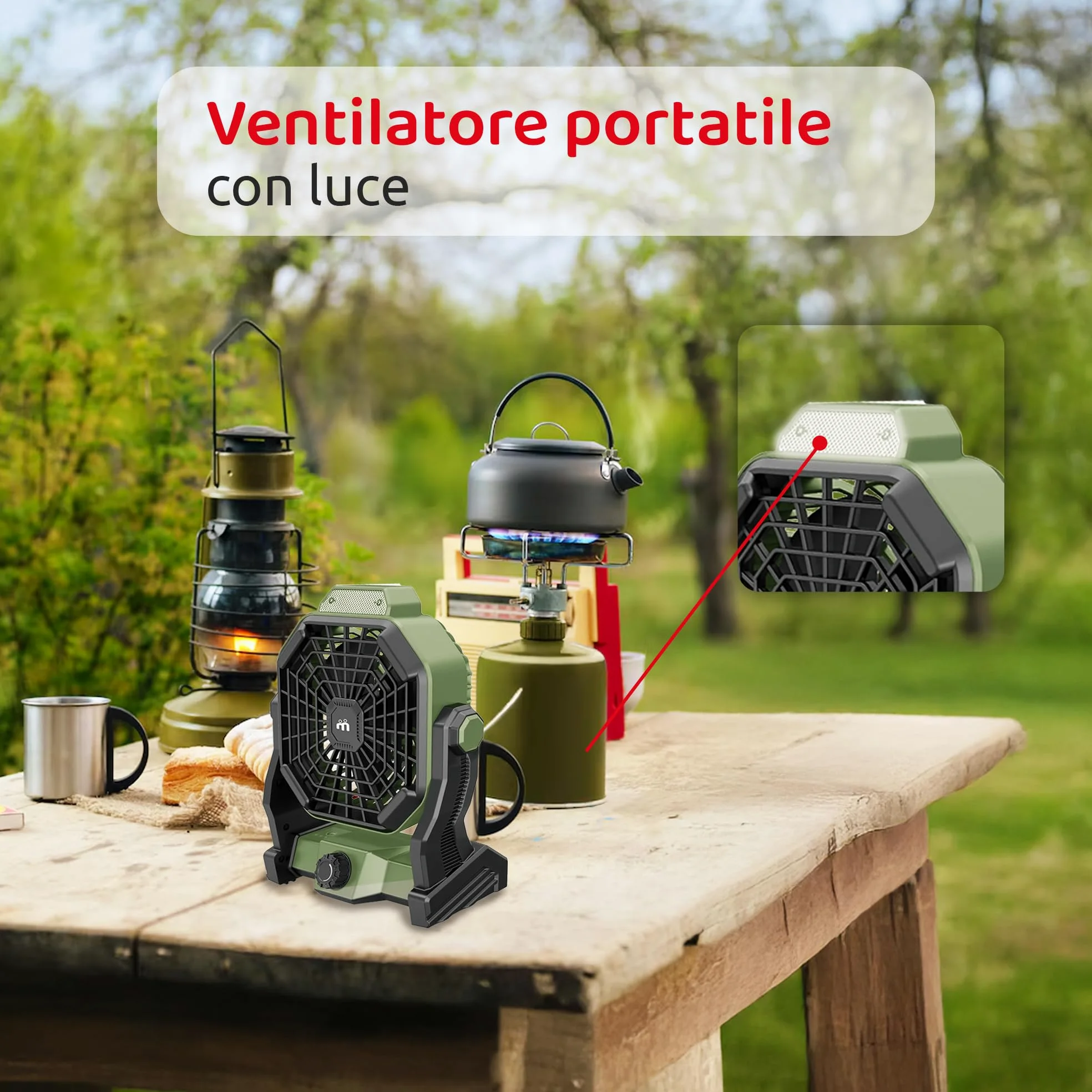 Melchioni Family | Ventilatore Portatile da Campeggio Ricaricabile con Luce, Batteria Incorporata da 5200 mah Ricaricabile tramite Cavo USB