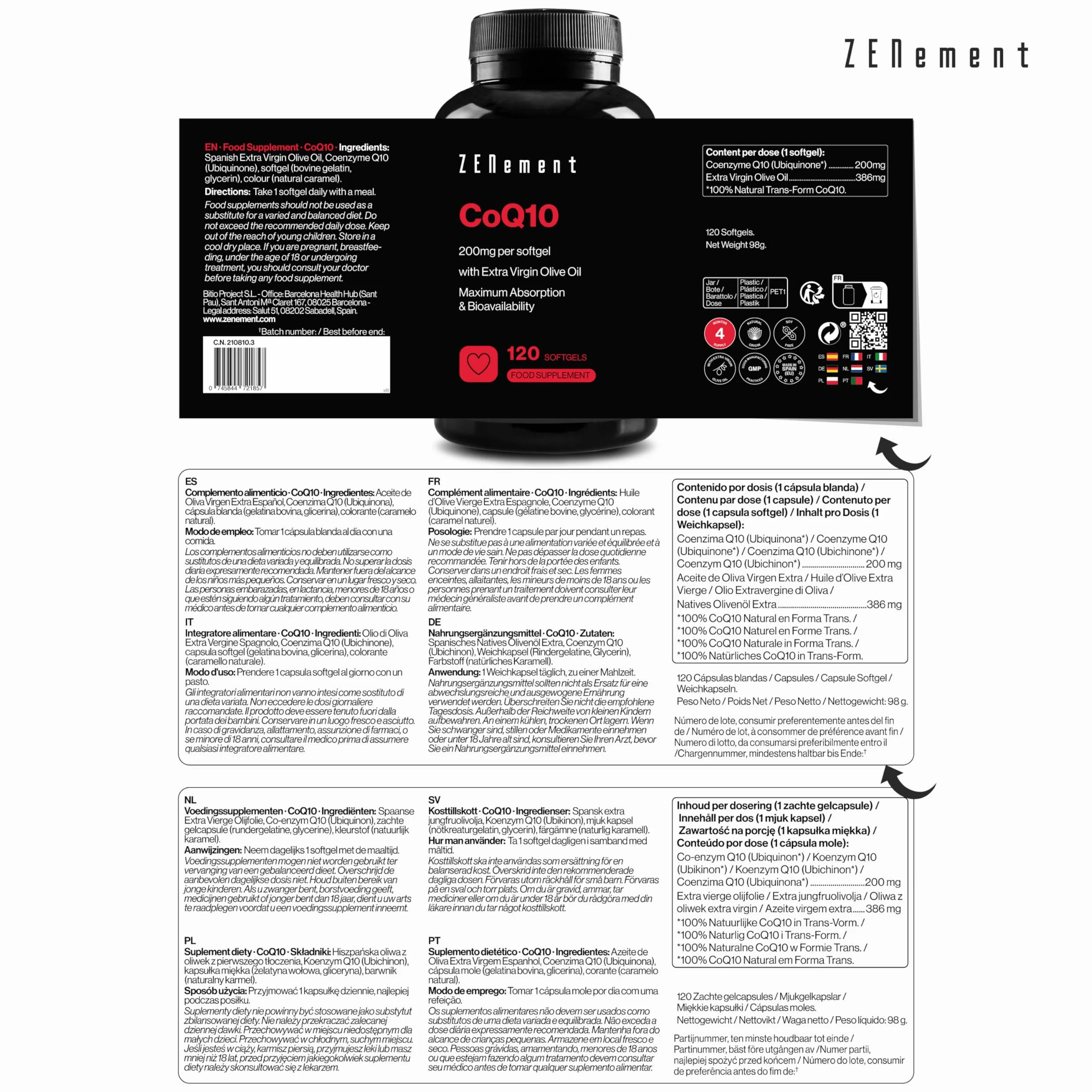 Coenzima Q10 200 mg 120 Perle Pura Fermentata Naturalmente Olio Extravergine di Oliva Biologico Alta Potenza Antiossidante Zenement