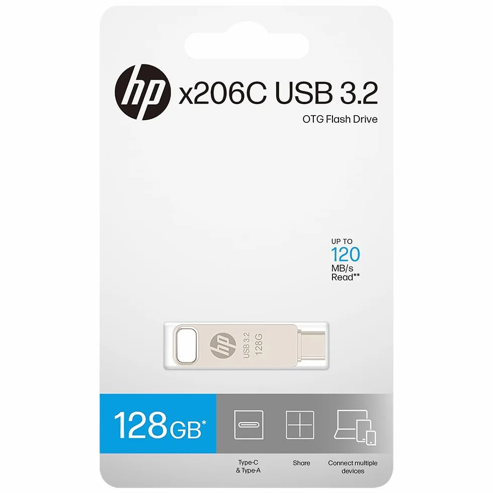 HP 128GB x206c USB OTG 3.2 Tipo-C/Tipo-A Unità Flash in Metallo, fino a 120MB/s in lettura